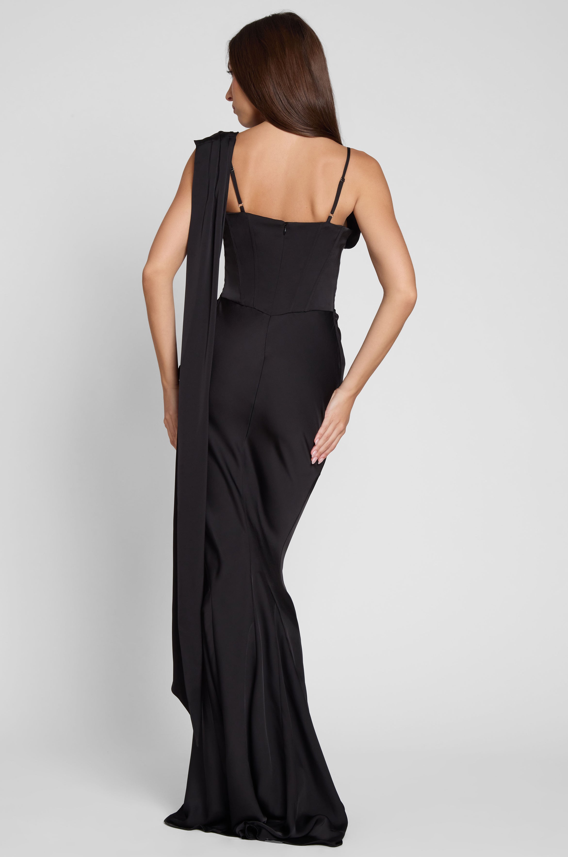 Celine Corset Drape Satin Gown - Black