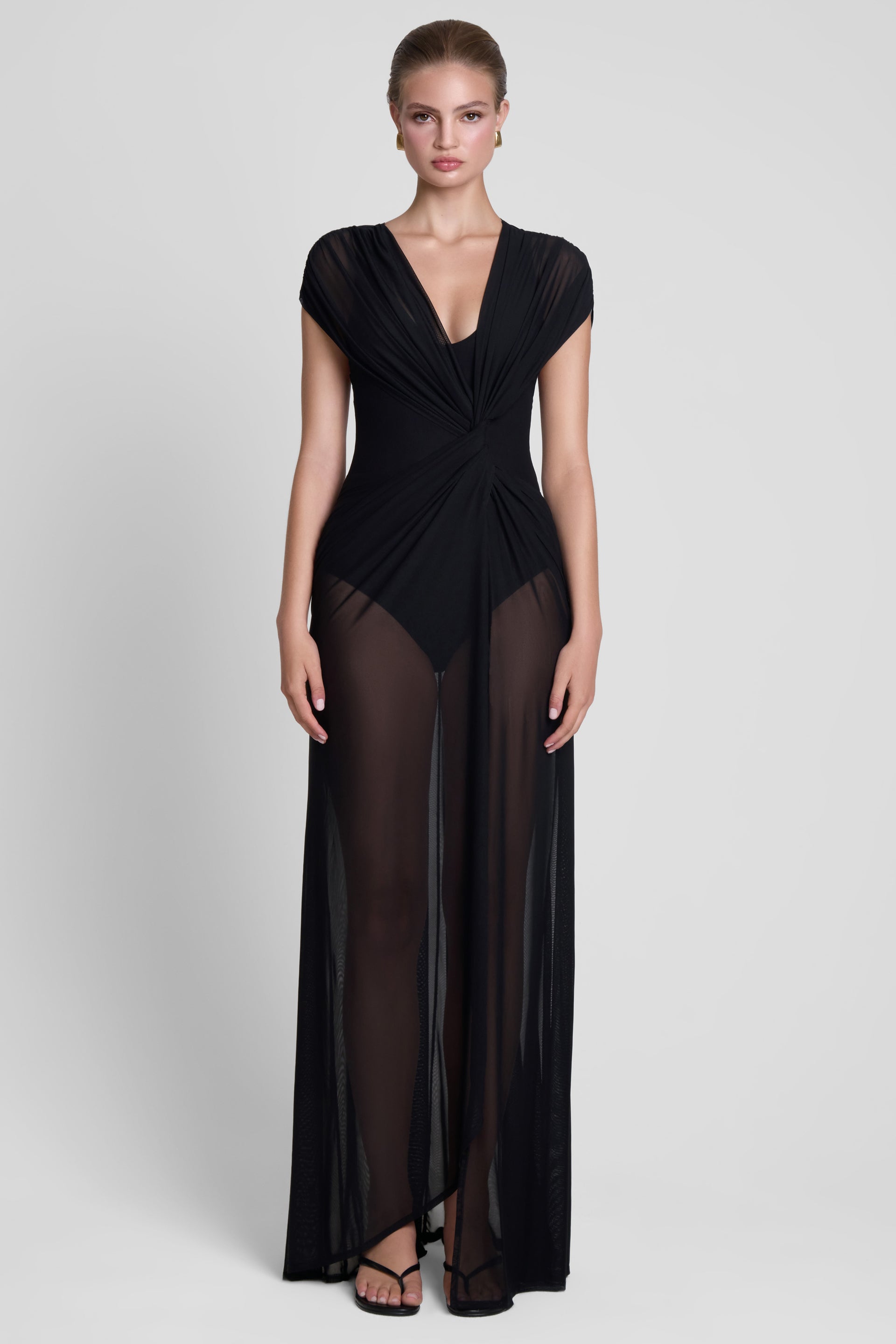 maxi black sheer dress Miss Circle Blair Black Sheer Mock Neck Maxi Dress XXS