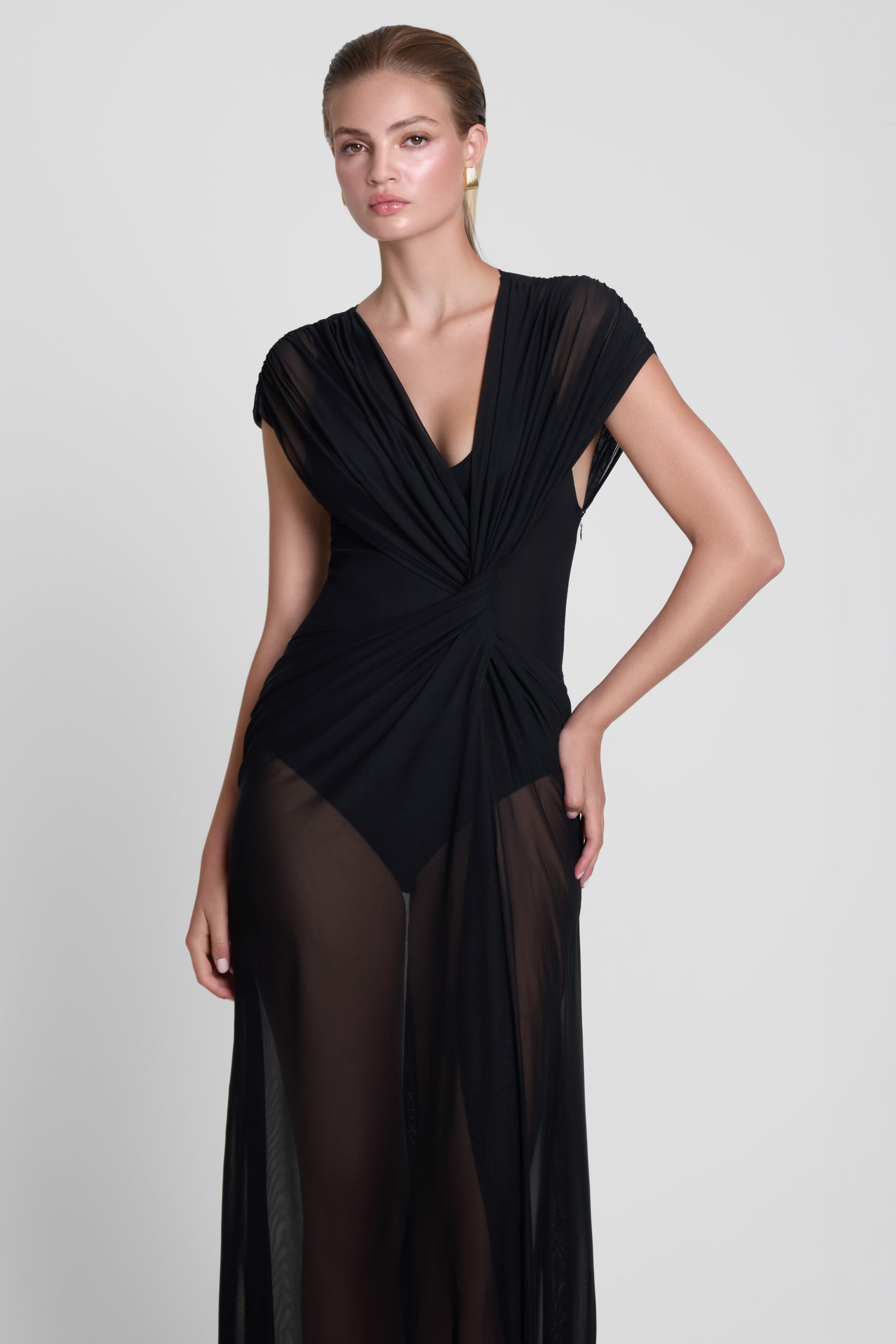 Aeros Knot Mesh Maxi Dress - Black