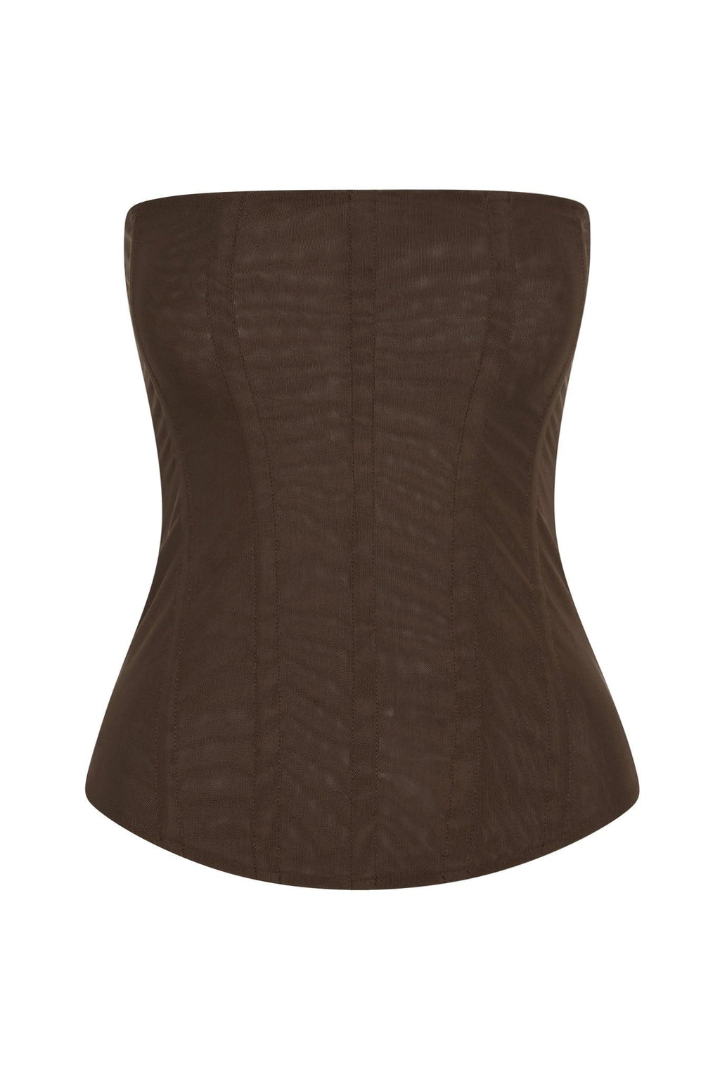 Muse Mesh Corset Top in Chocolate Brown, front view.