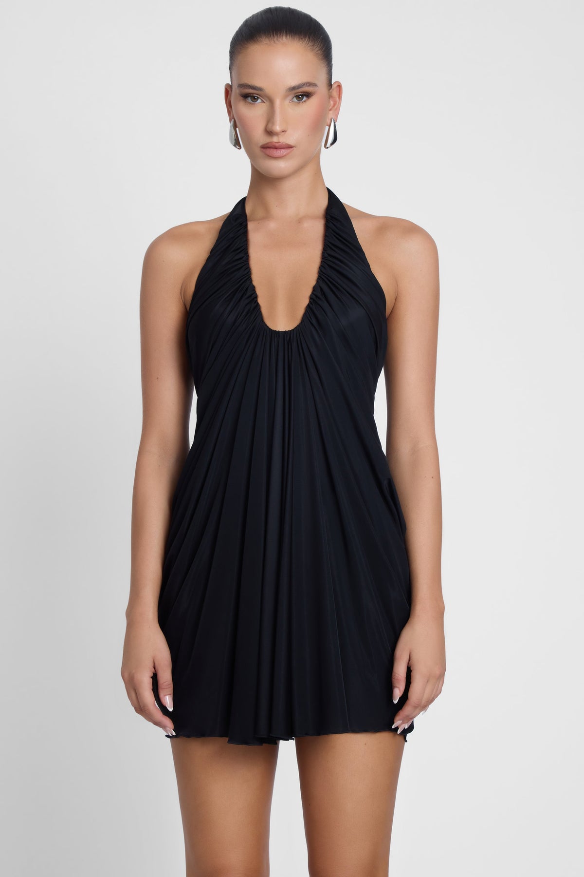 black drape mini dress Odyssey Boohoo