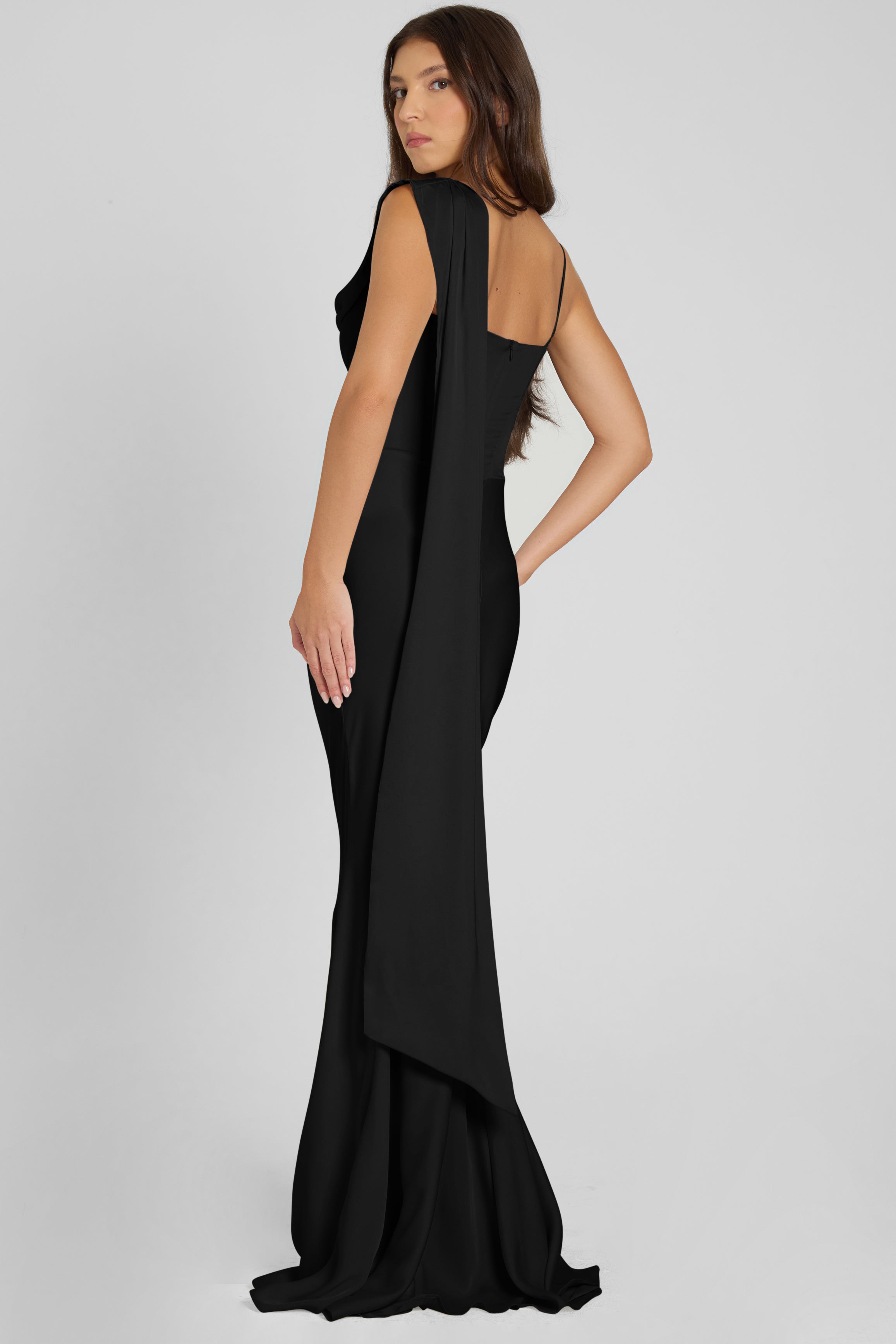 Celine Corset Drape Satin Gown - Black