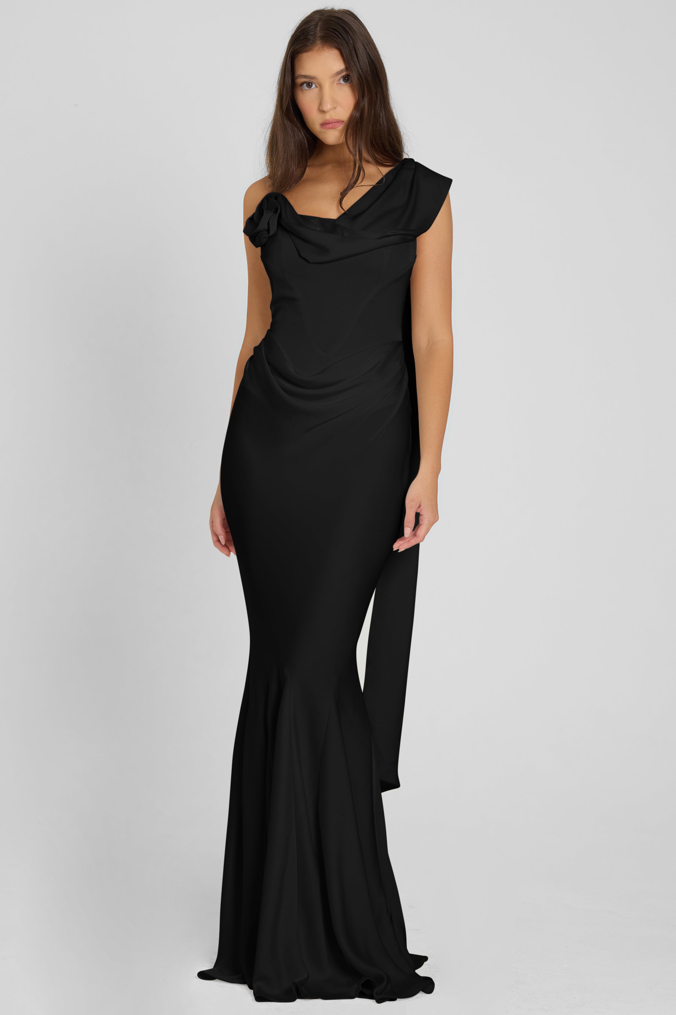 Celine Corset Drape Satin Gown - Black