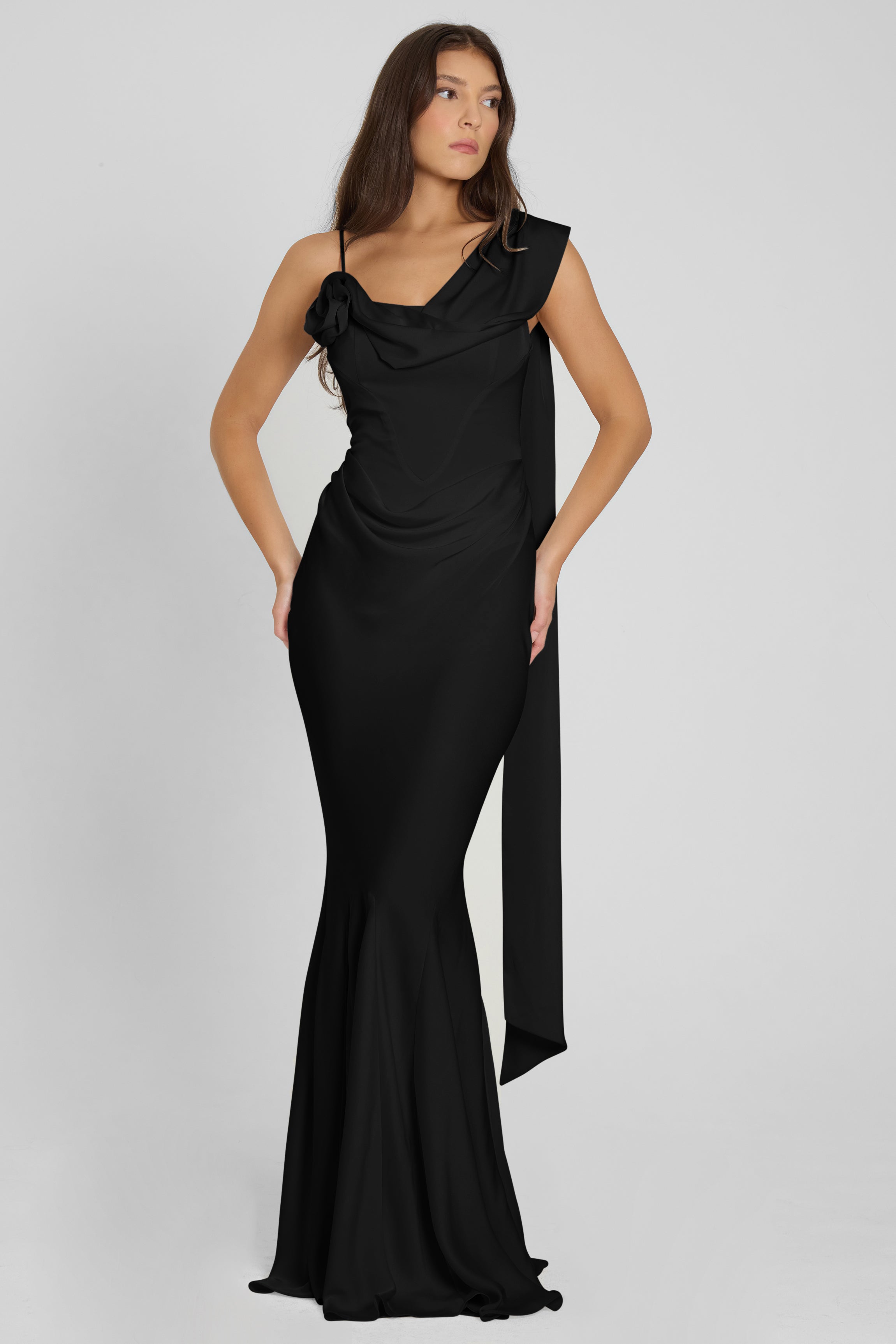 Celine Corset Drape Satin Gown - Black