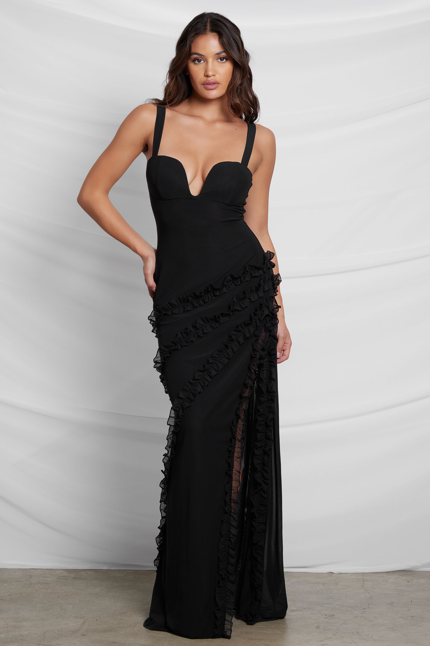 Belle Bustier Ruffle Maxi Dress - Black | LEAU