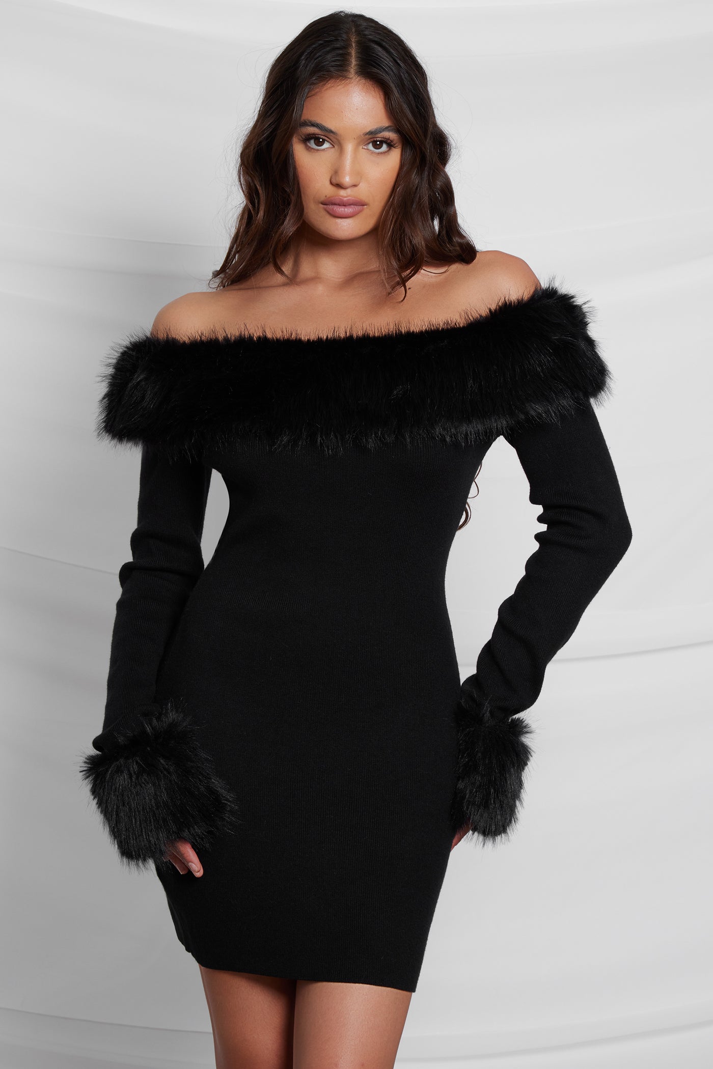 Fira Fur Trim Knit Mini Dress | LEAU