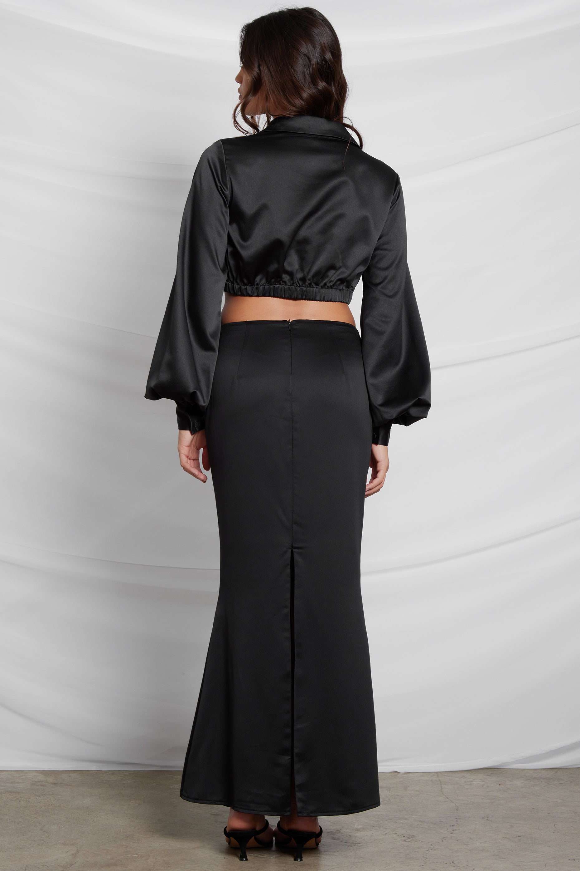 Iris Satin Midi Skirt - Black.