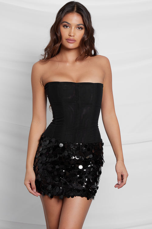 Serina Sequin Mini Skirt - Black | LEAU