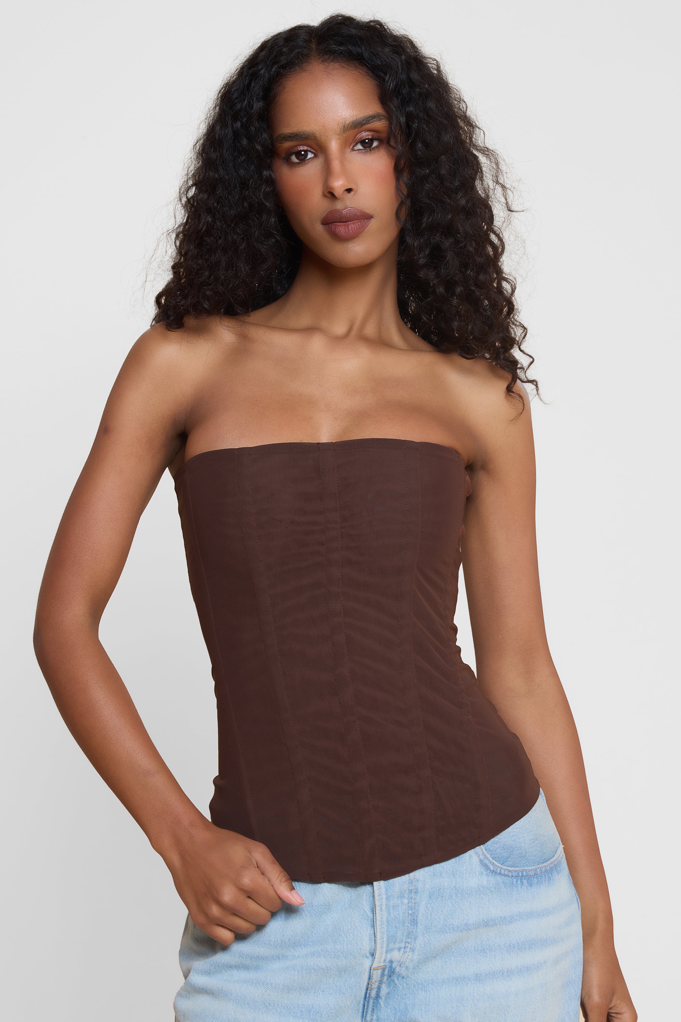 Muse Mesh Corset Top - Chocolate Brown