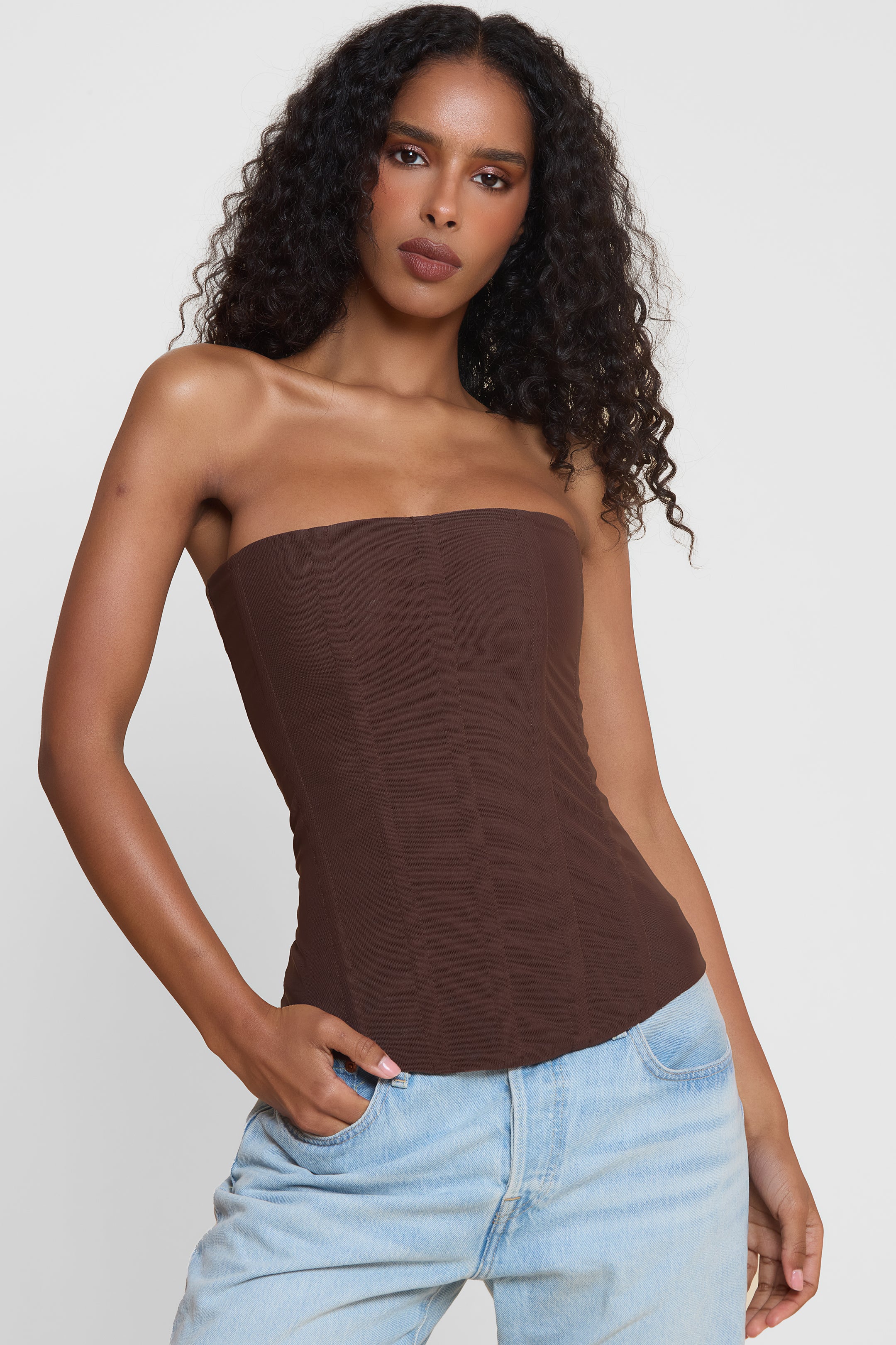 Muse Mesh Corset Top - Chocolate Brown