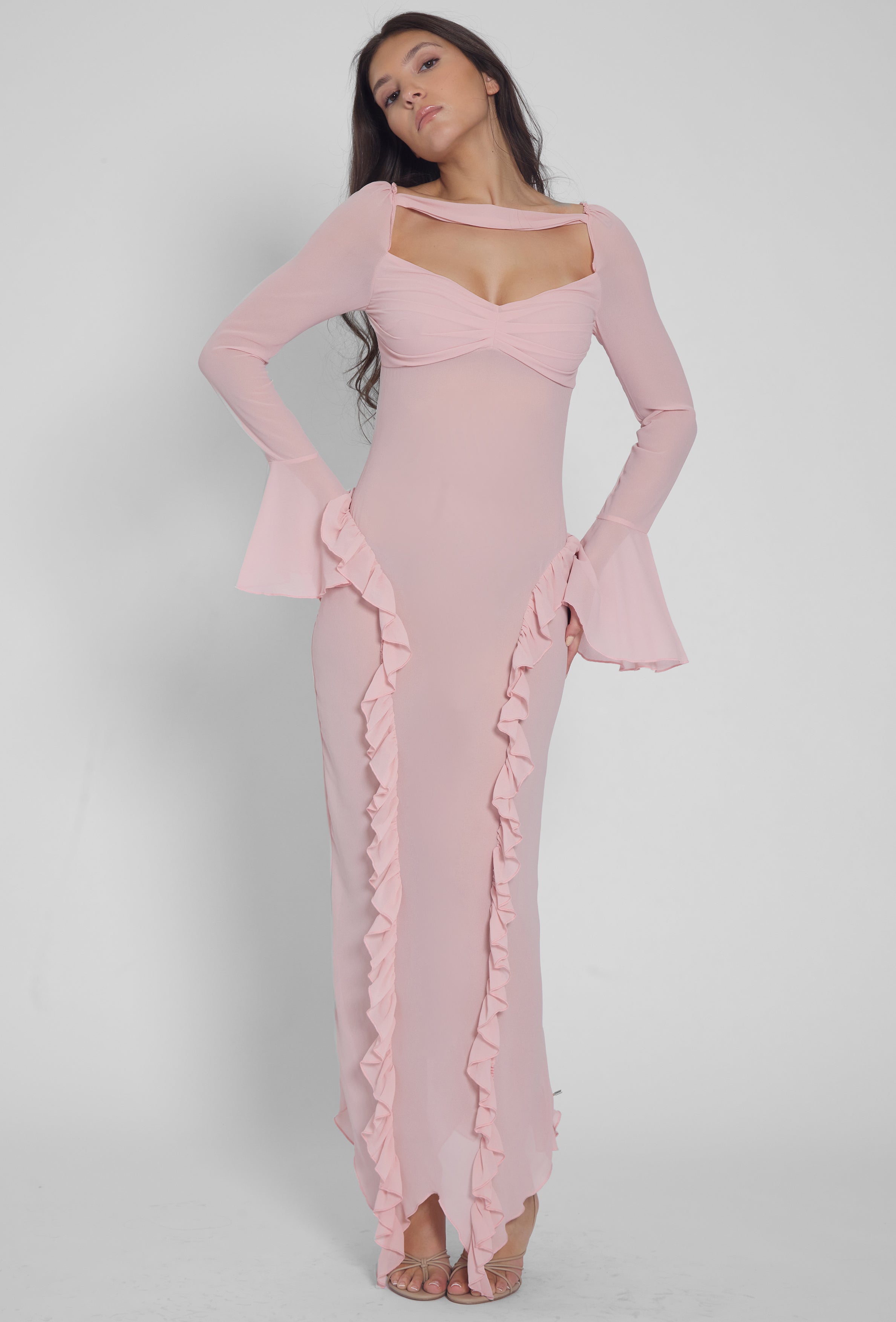 Reina Ruffle Chiffon Dress - Pink.