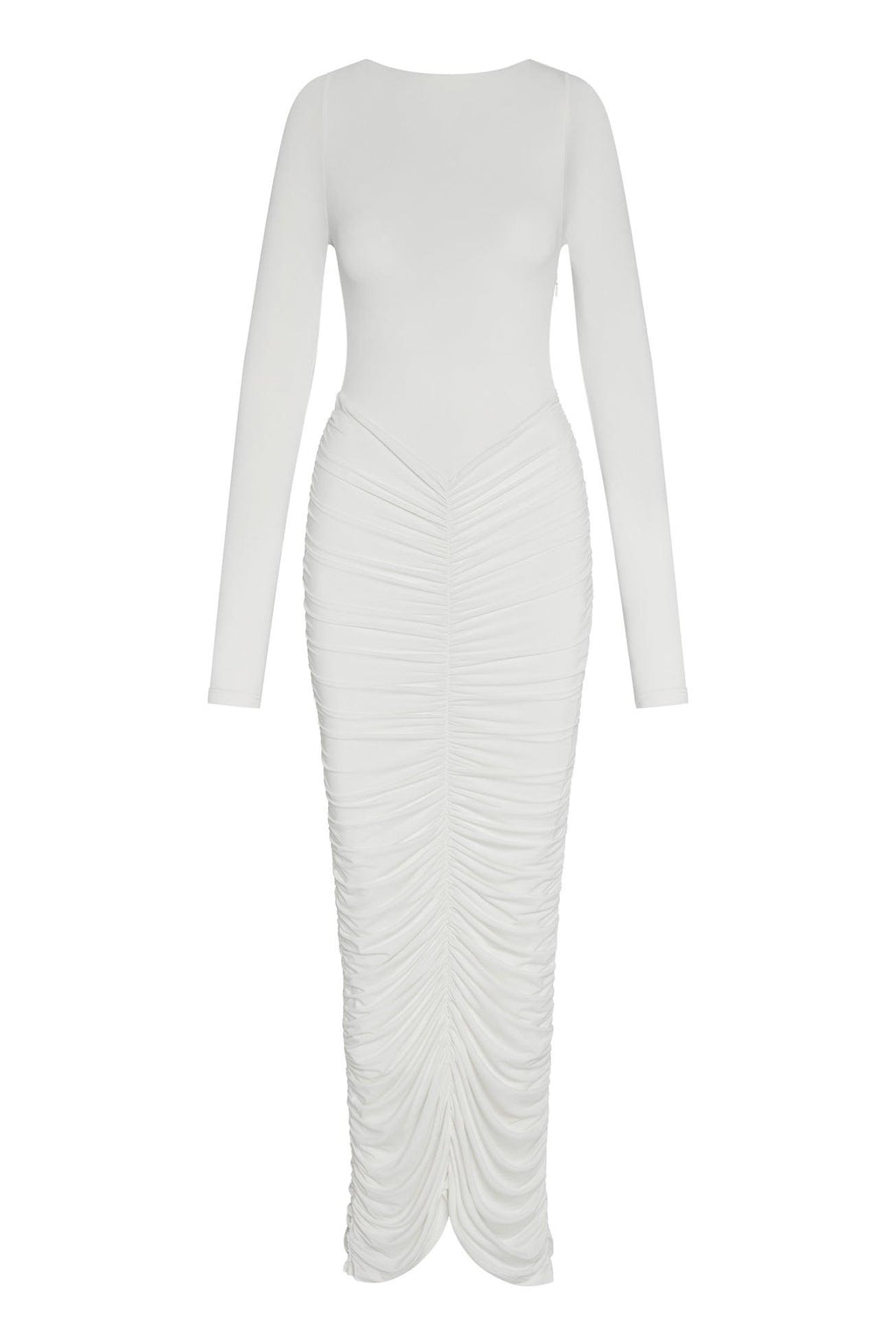 Rhea Ruche Maxi Dress in White, back view.