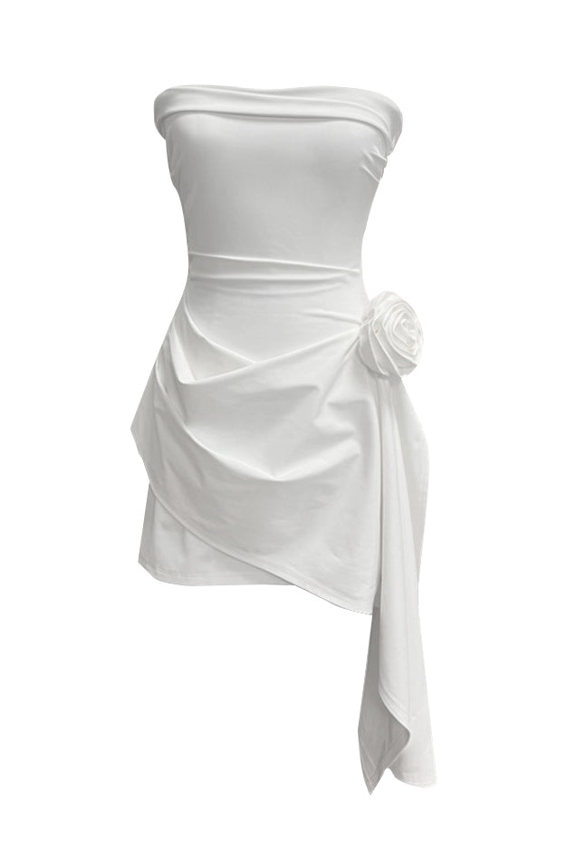 Rosette Strapless Mini Dress - White.