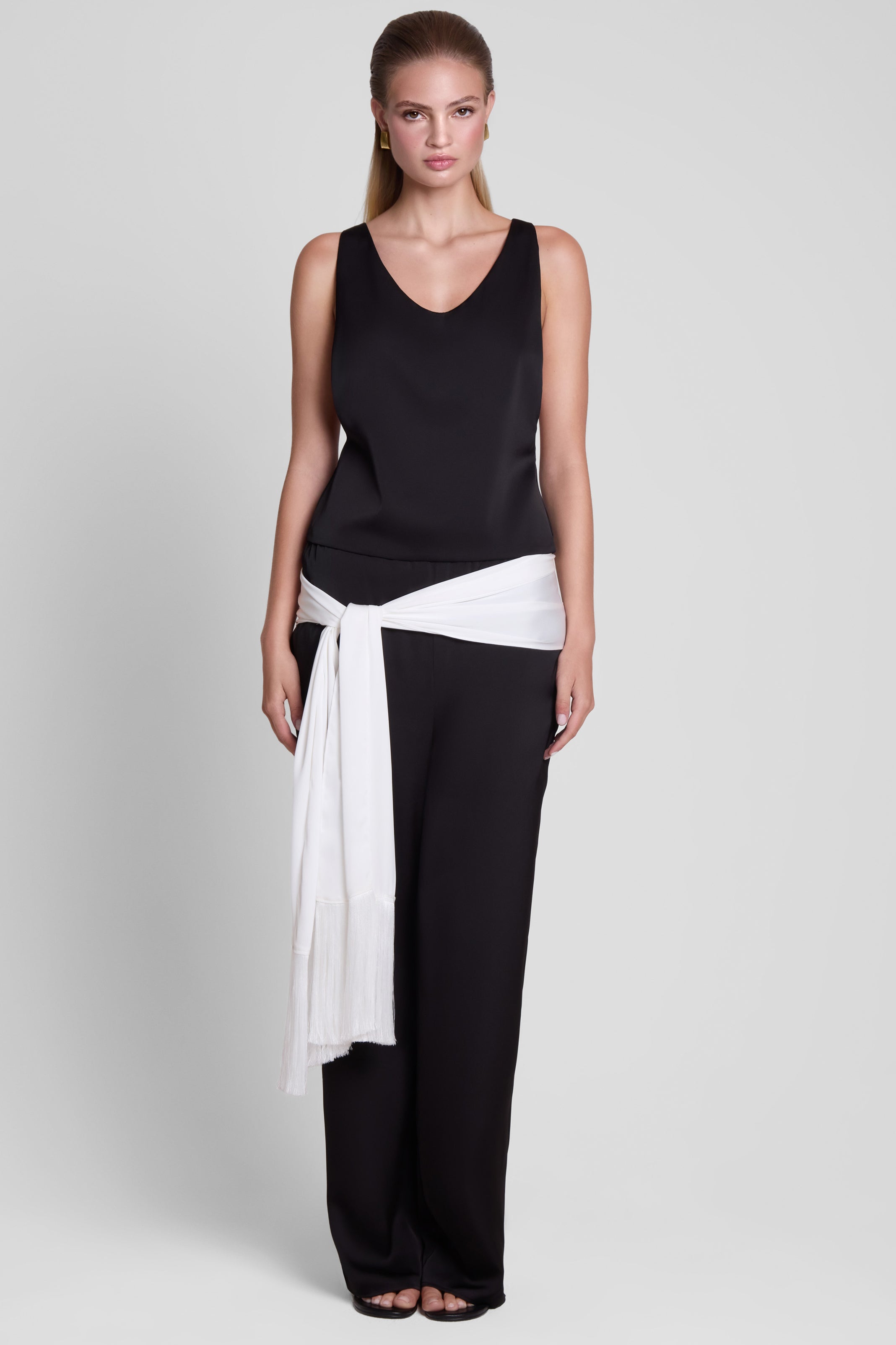 Signature Satin Tassel Scarf - White.
