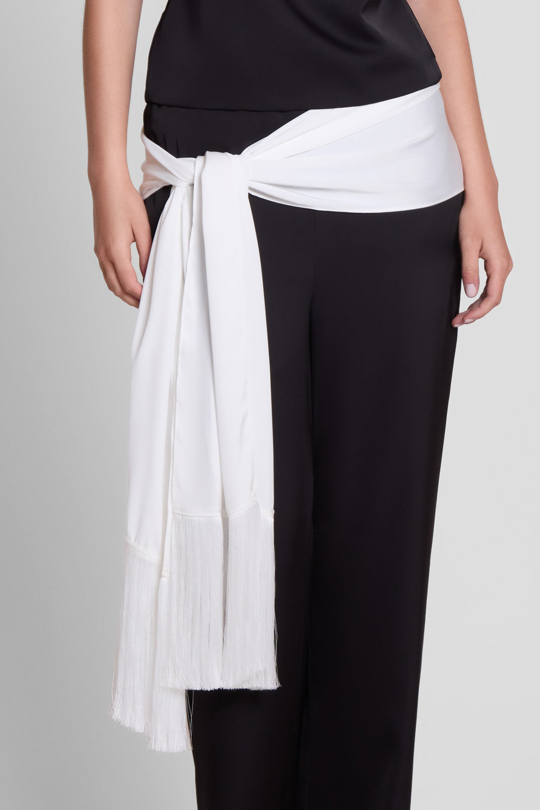 Signature Satin Tassel Scarf - White.