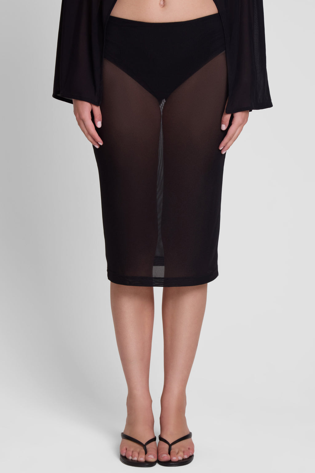 Vesper Sheer Mesh Knee Length Skirt - Black