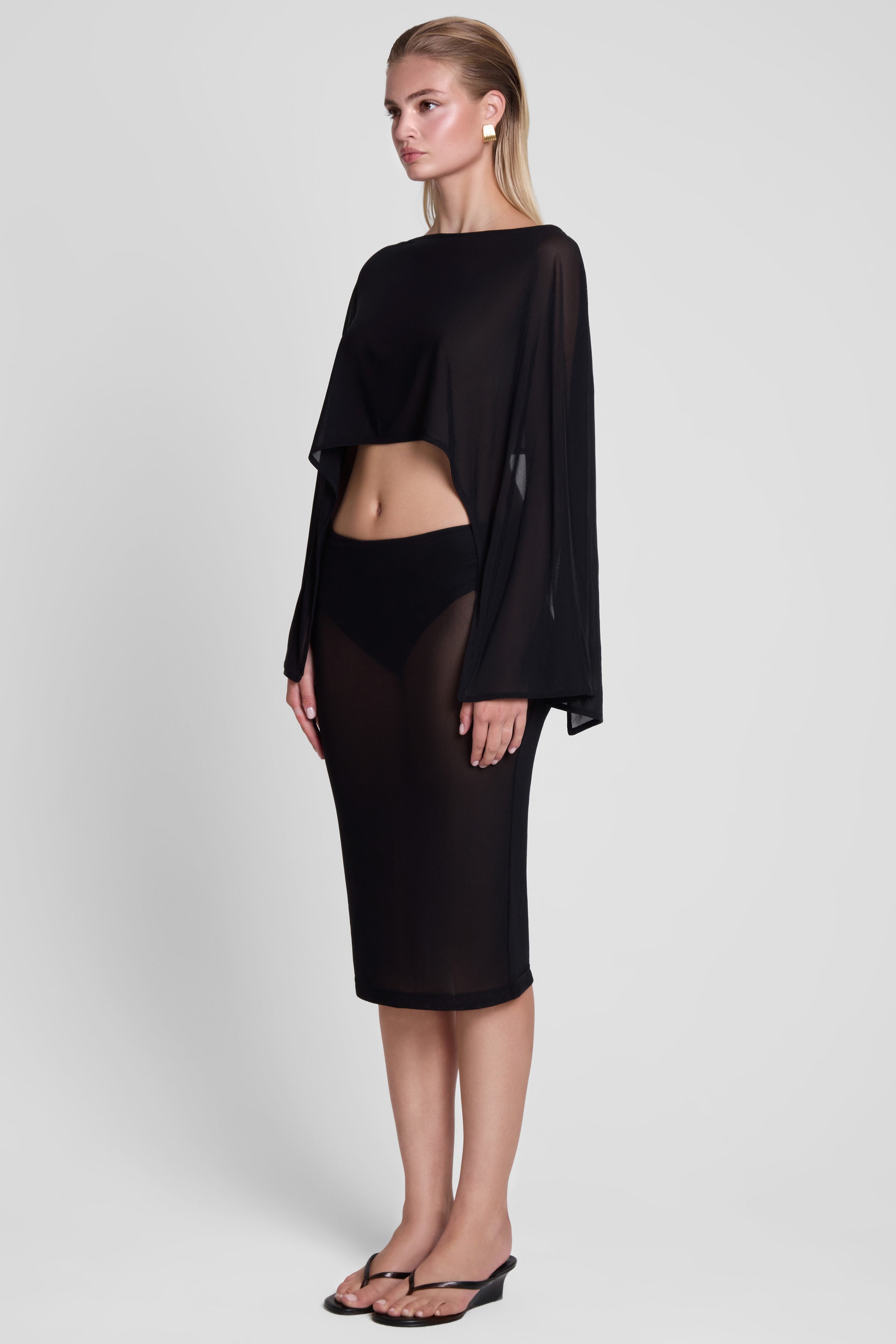 Vesper Sheer Mesh Knee Length Skirt - Black