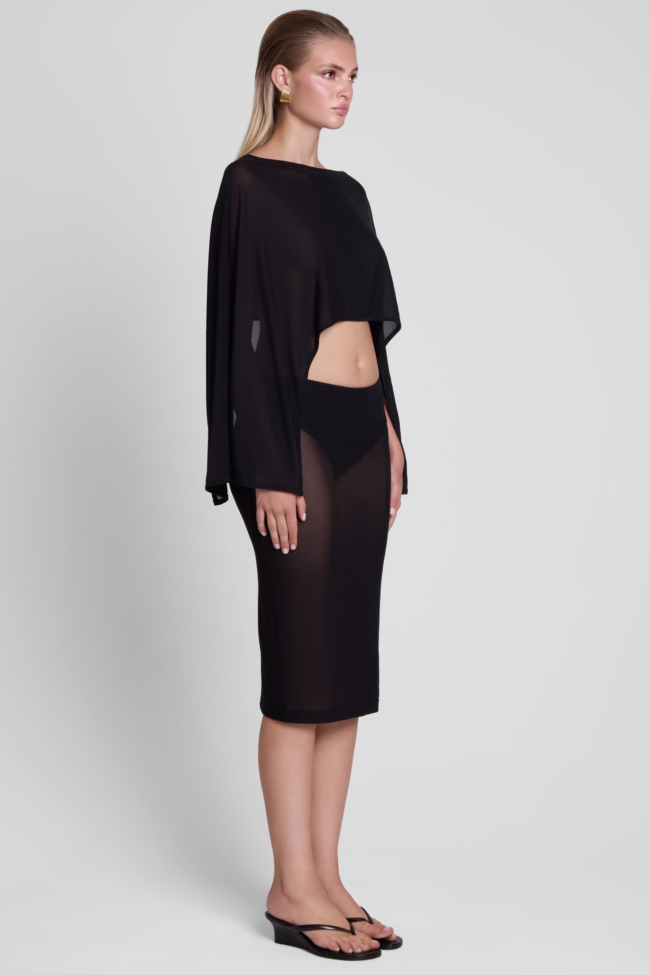 Vesper Sheer Mesh Knee Length Skirt - Black