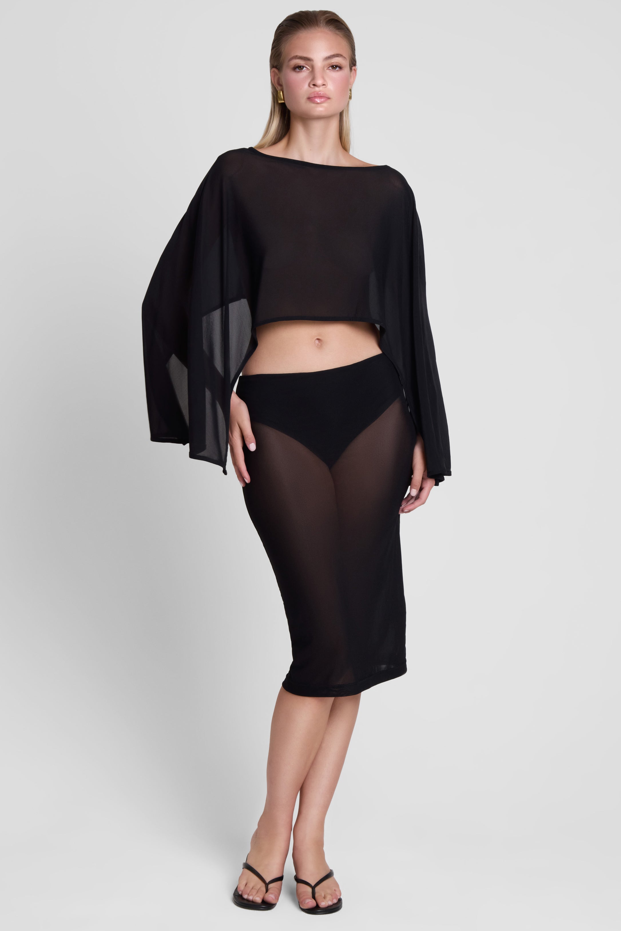 Vesper Sheer Mesh Knee Length Skirt - Black