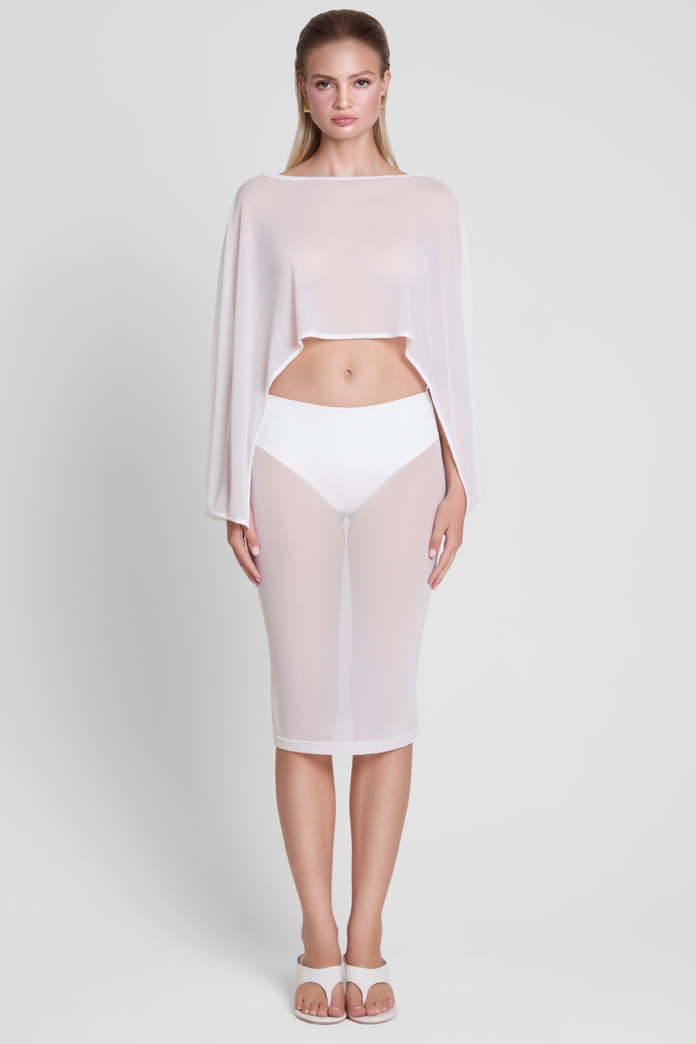 Vesper Sheer Mesh Knee Length Skirt - White