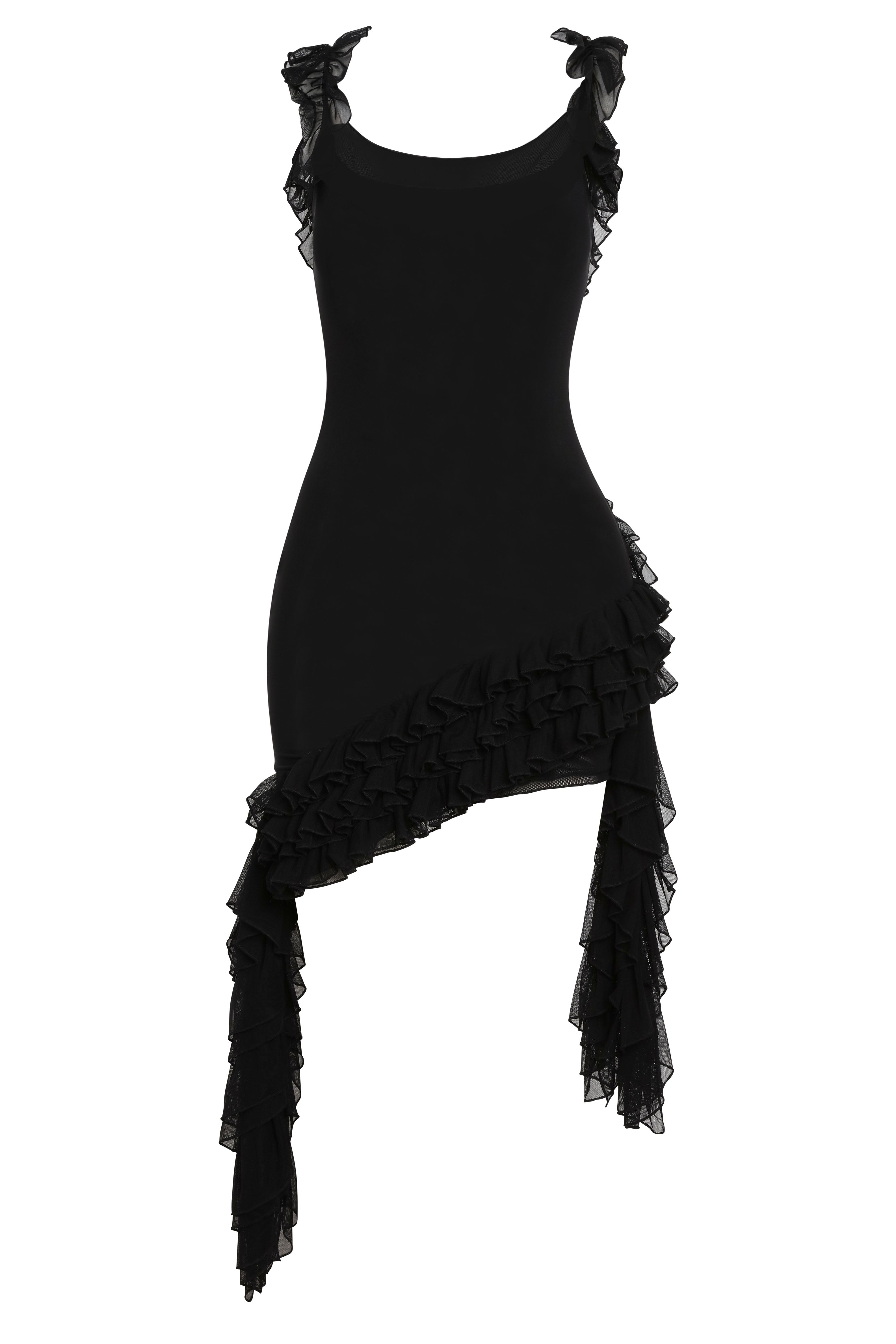 leau roux ruffle mini dress in black