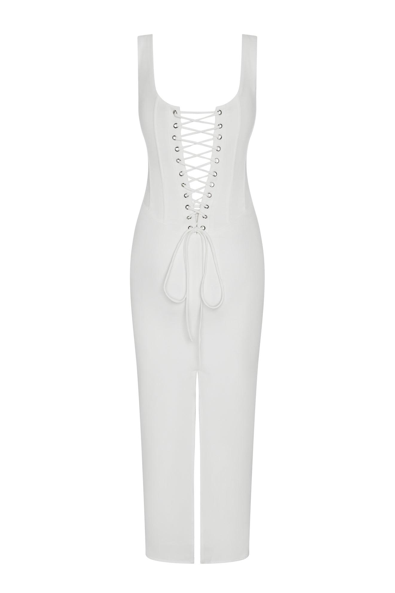 Sancia Corset Midi Dress in White, back view.