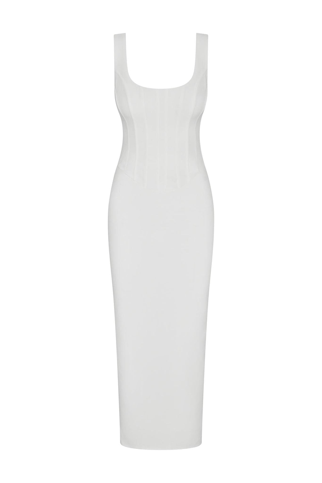 Sancia Corset Midi Dress in White, front view.