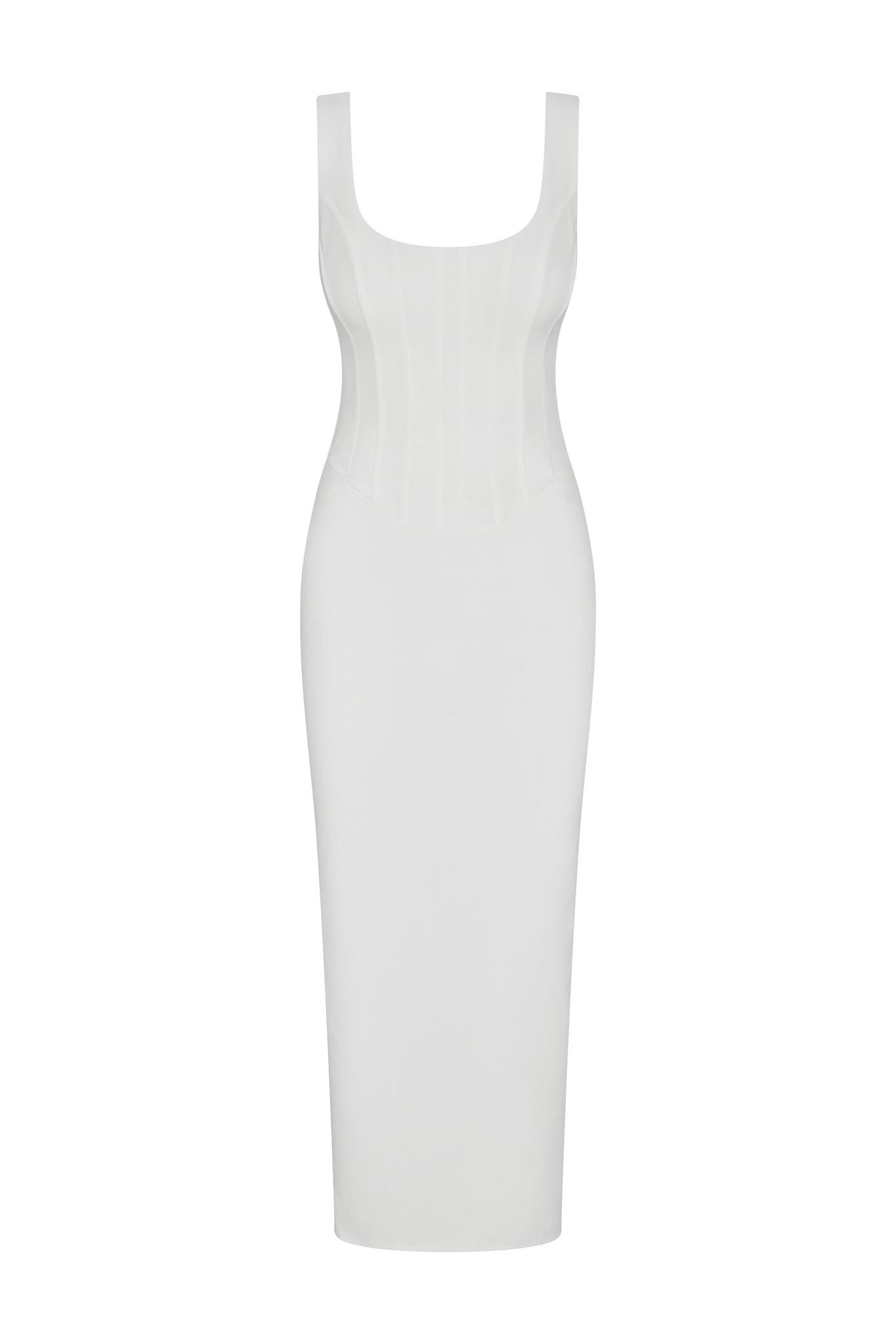 Sancia Corset Midi Dress in White, front view.