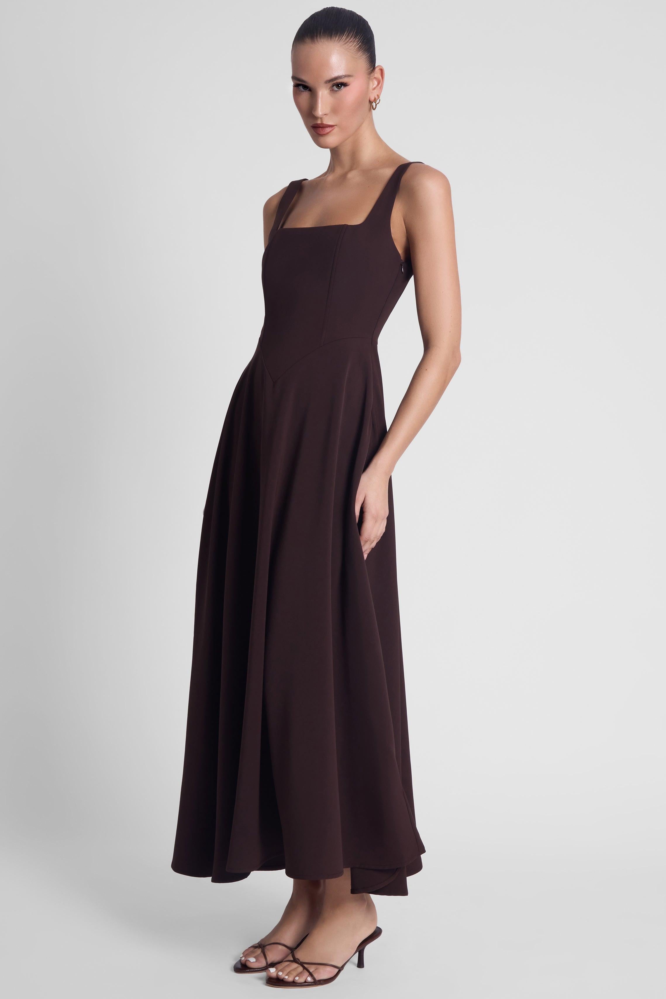 Serenity Square Neck Corset Midi Dress - Chocolate Brown L Serenity Square Neck Corset Midi Dress - Chocolate Brown L