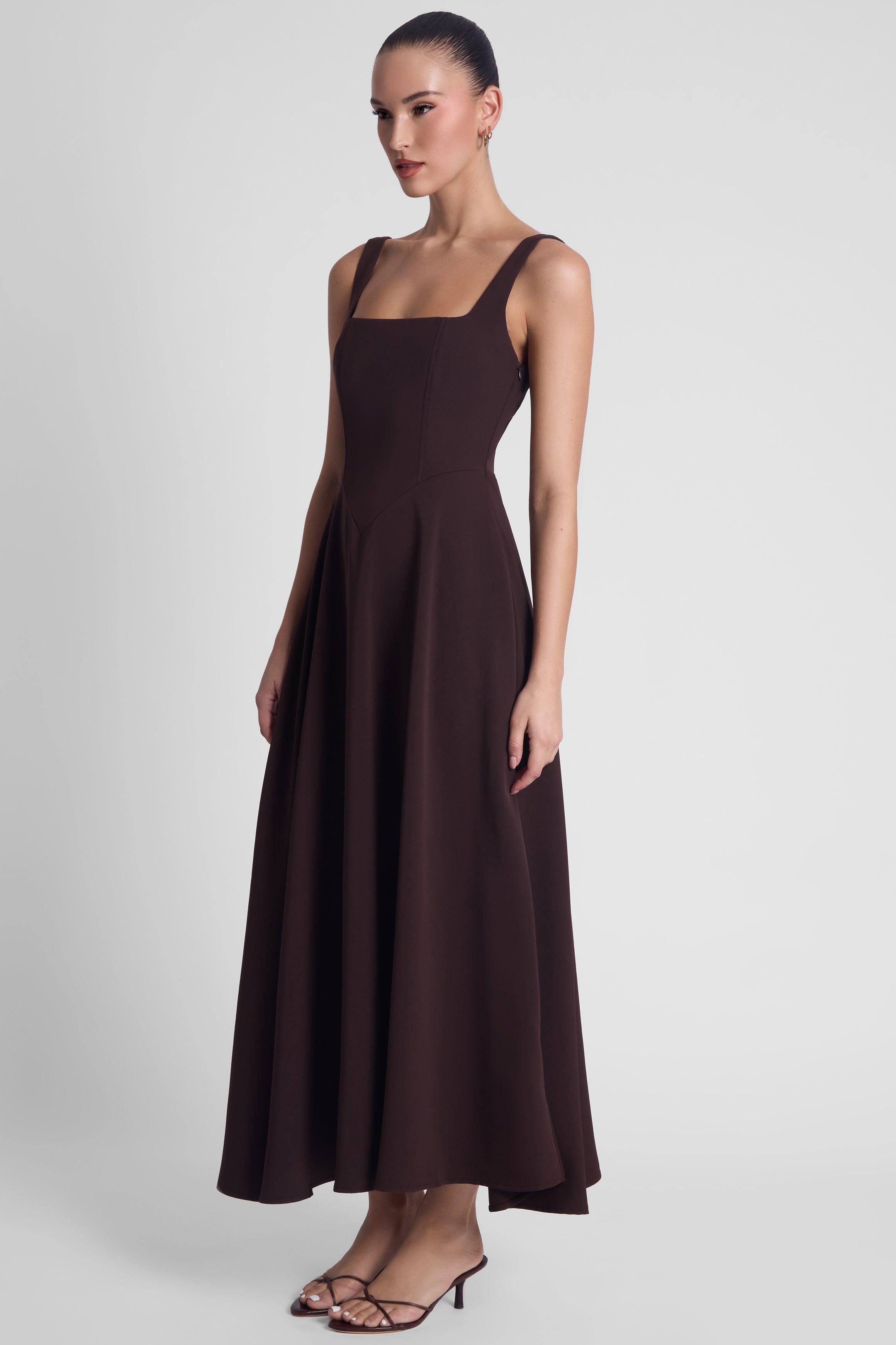 Serenity Square Neck Corset Midi Dress - Chocolate Brown L Serenity Square Neck Corset Midi Dress - Chocolate Brown L