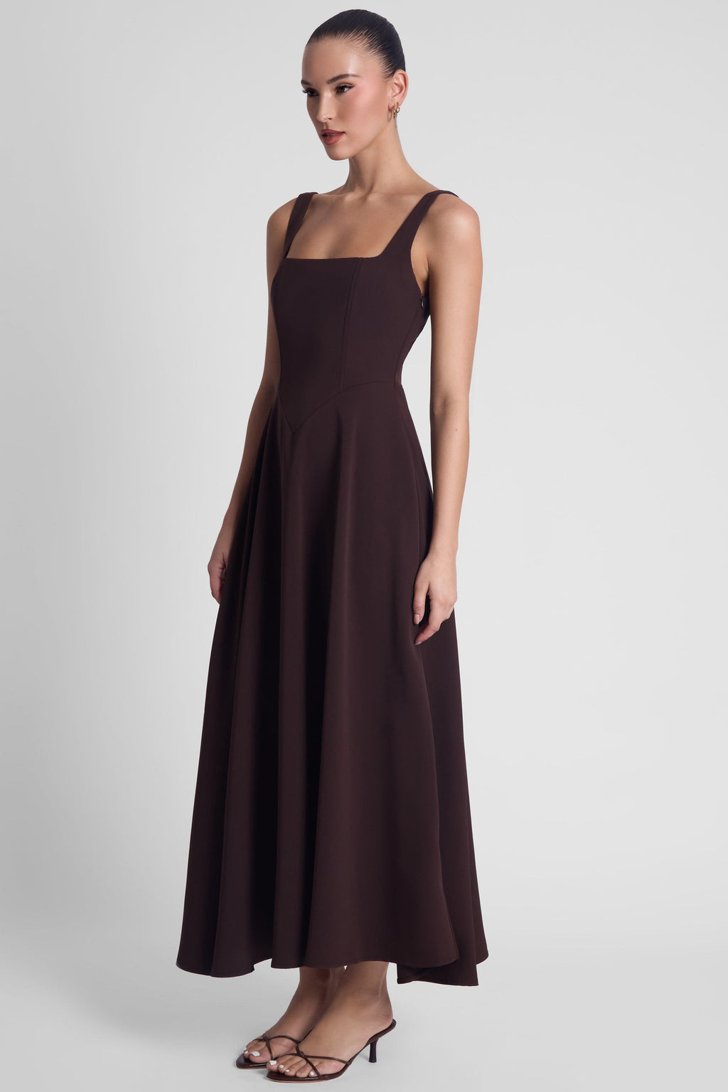 Serenity Square Neck Corset Midi Dress - Chocolate Brown