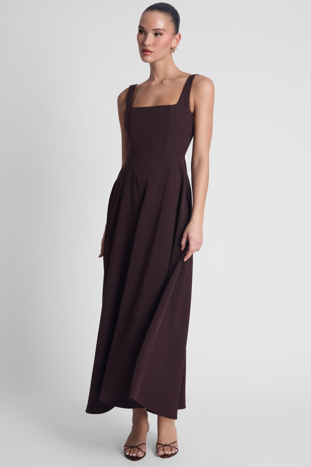 Serenity Square Neck Corset Midi Dress - Chocolate Brown