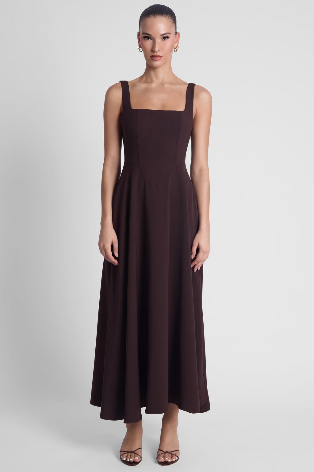 Serenity Square Neck Corset Midi Dress - Chocolate Brown