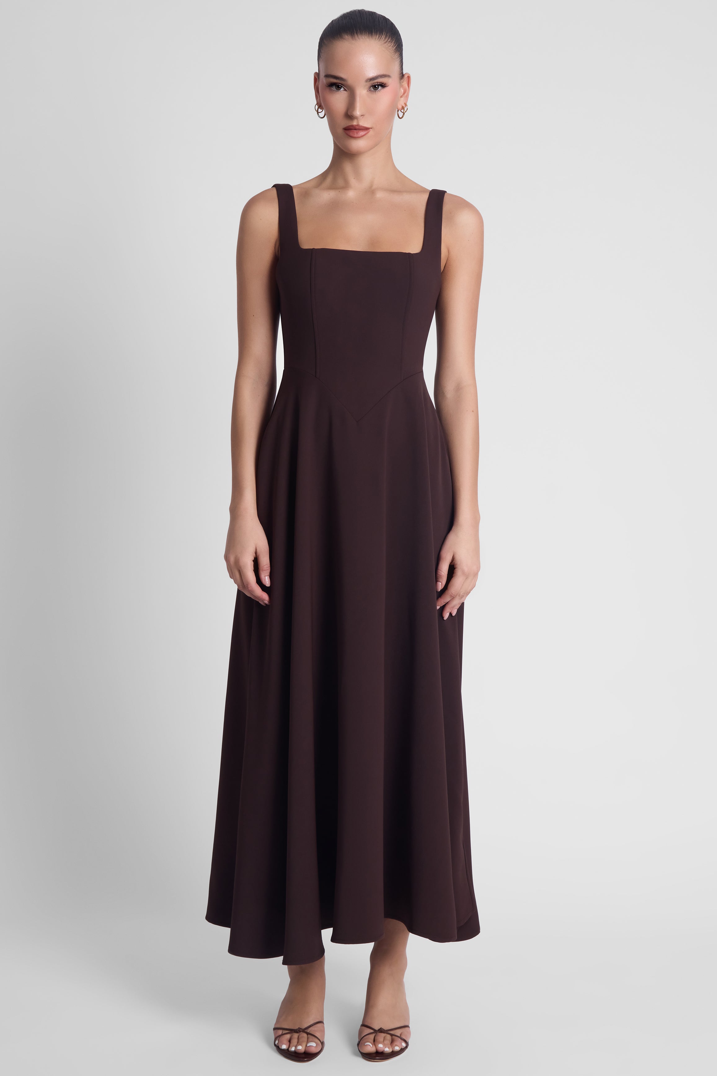 Serenity Square Neck Corset Midi Dress - Chocolate Brown