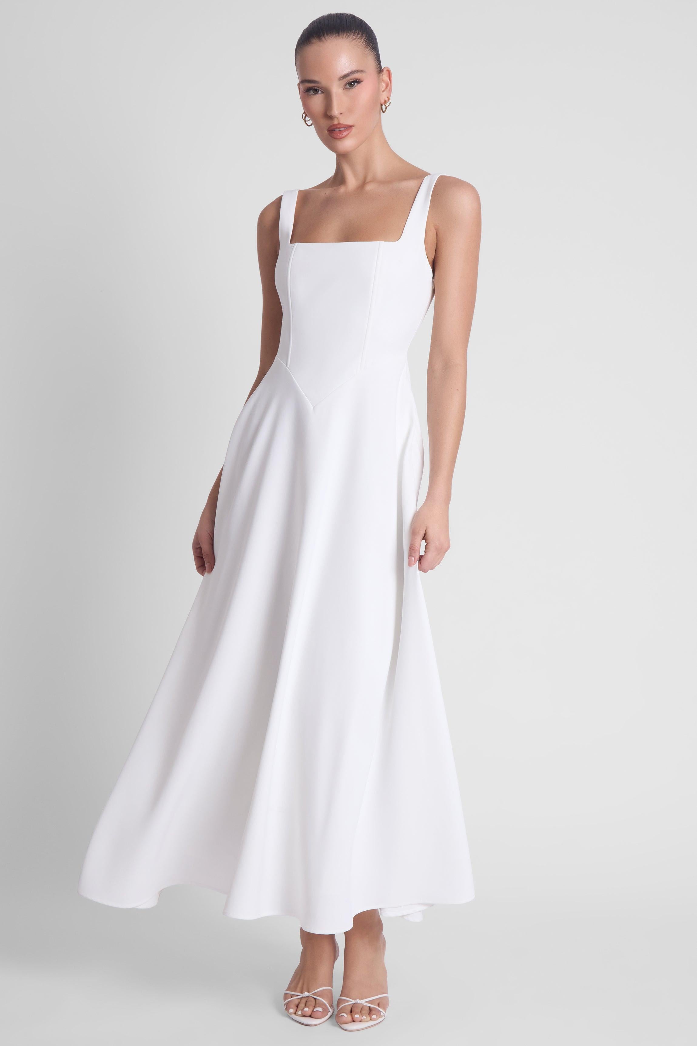 Serenity Square Neck Corset Midi Dress - White