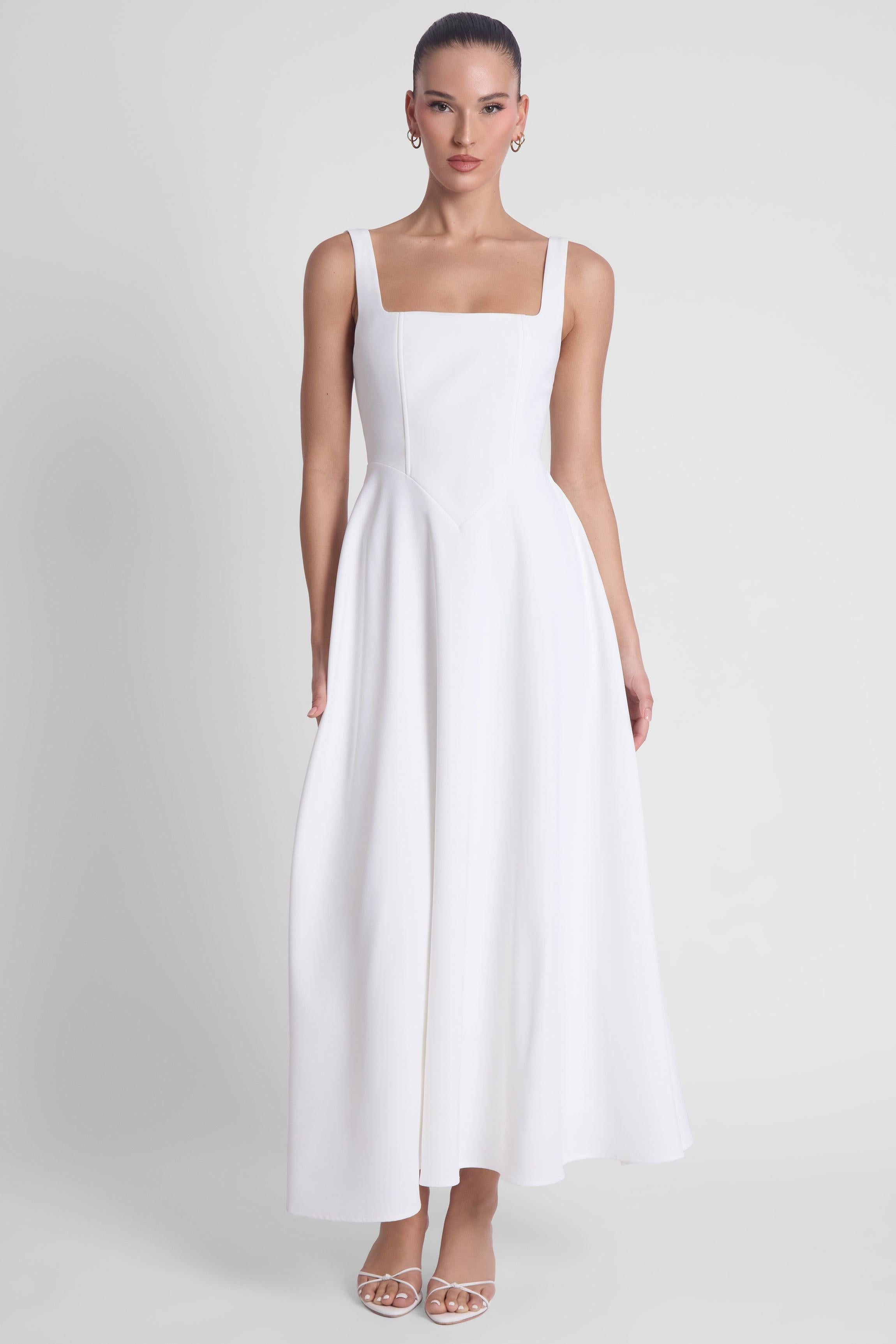 Serenity Square Neck Corset Midi Dress - White