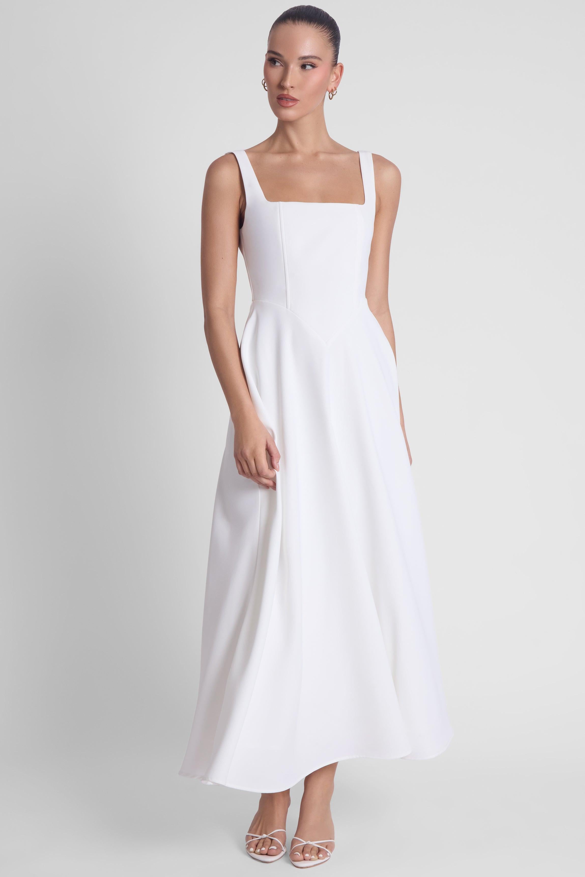 Serenity Square Neck Corset Midi Dress - White
