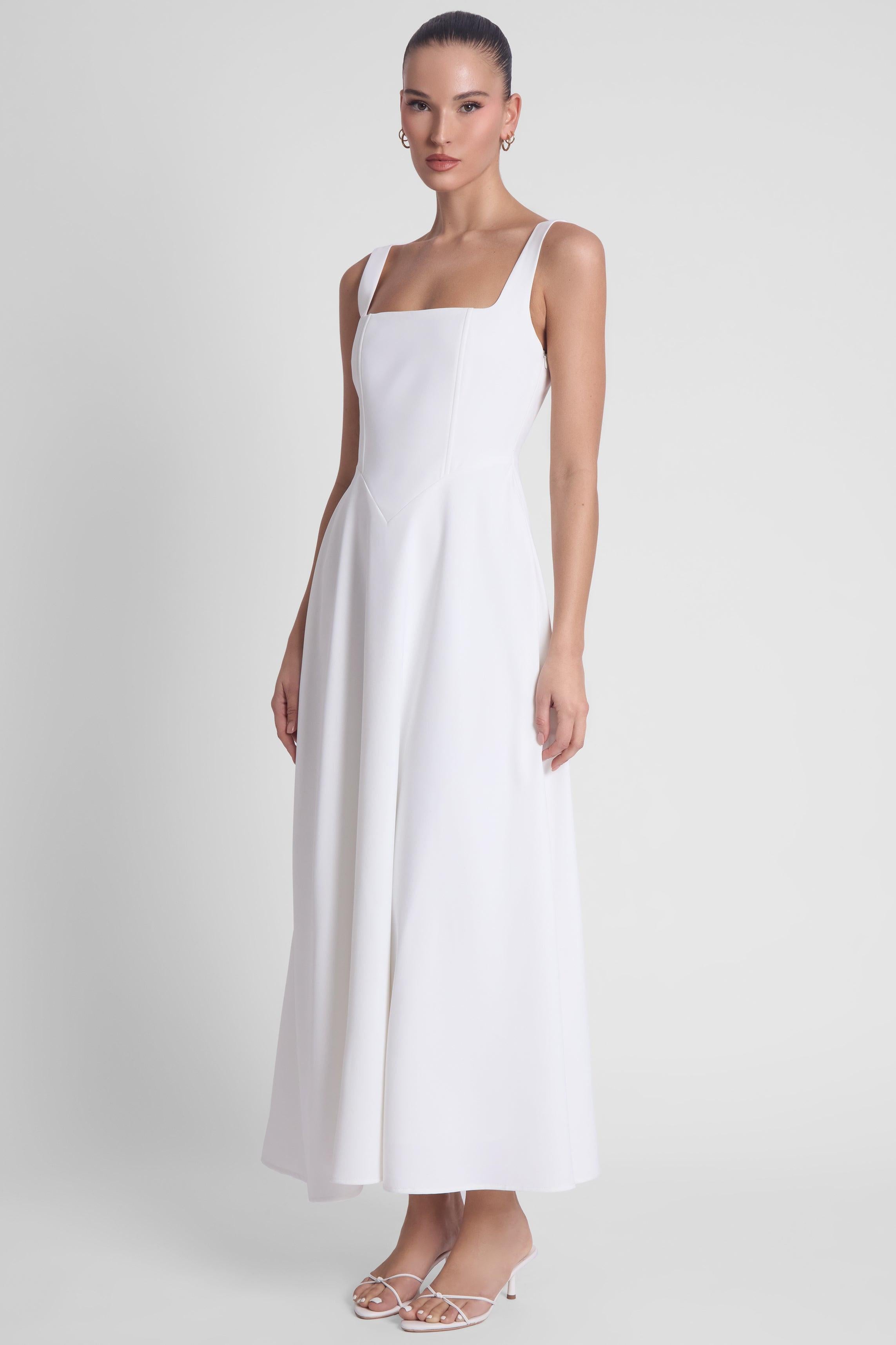 Serenity Square Neck Corset Midi Dress - White