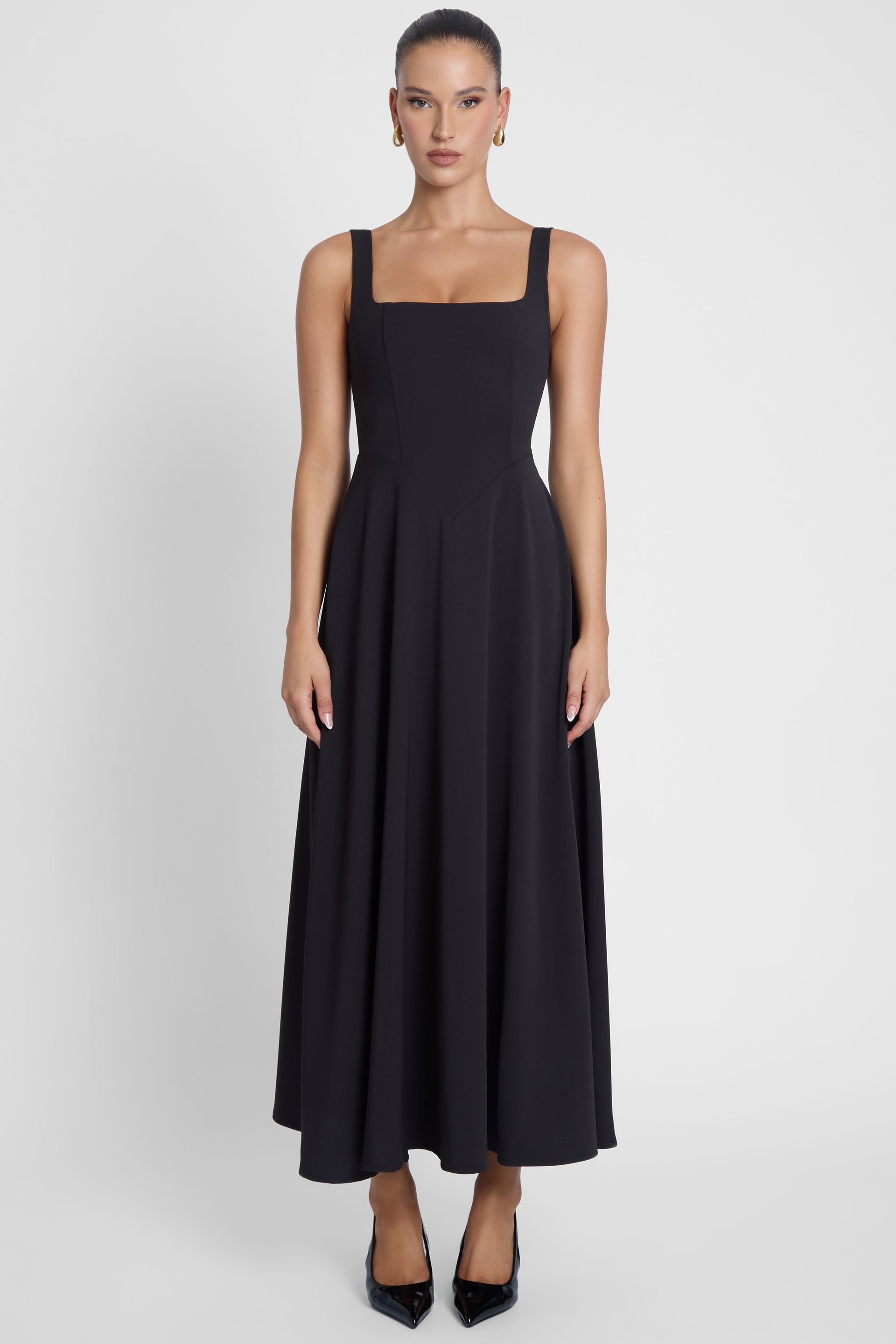square neck midi dress formal Ivory KarenMillen Compact Stretch Tailored Square Neck Full Skirted Midi Dress