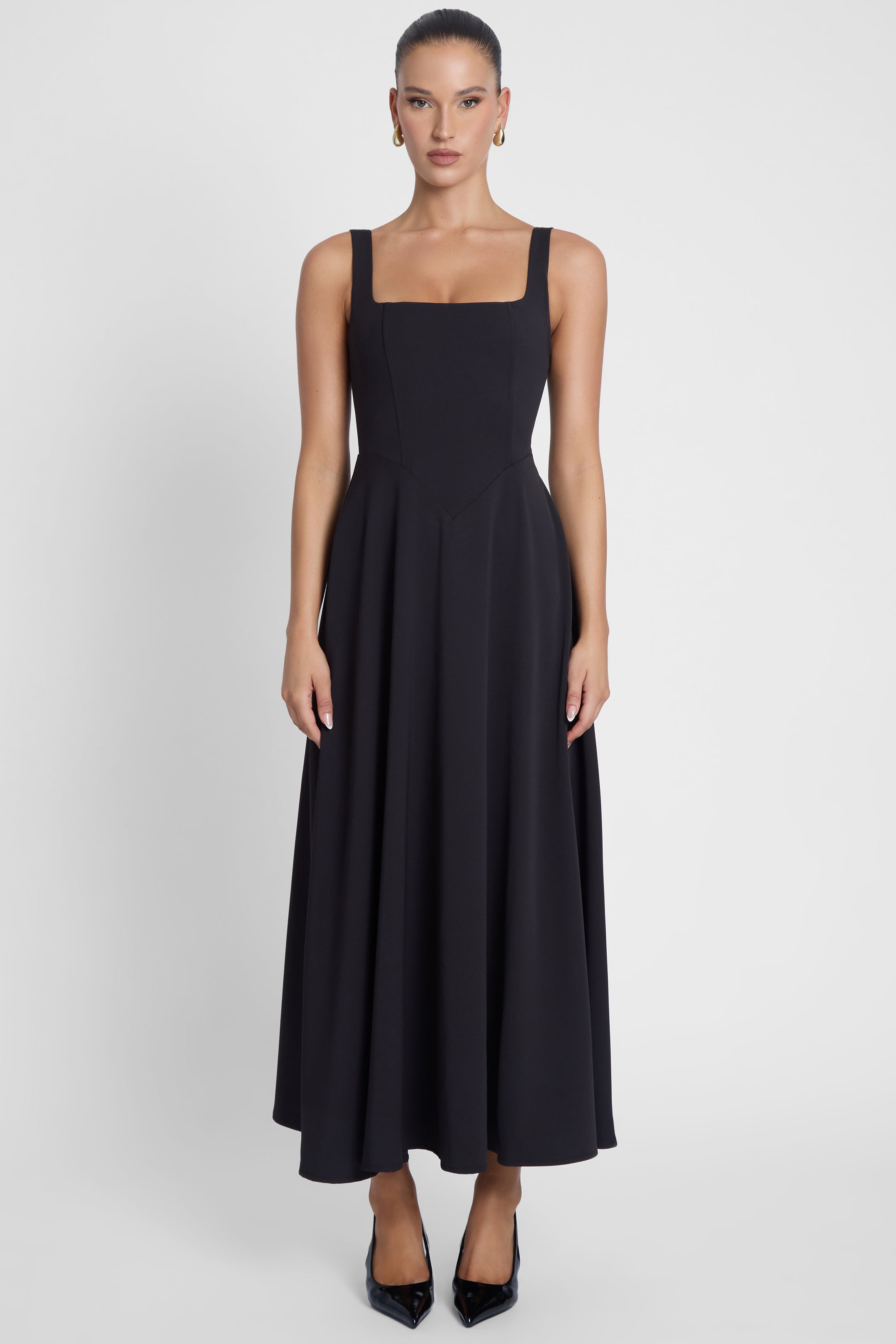 Serenity Square Neck Corset Midi Dress - Black