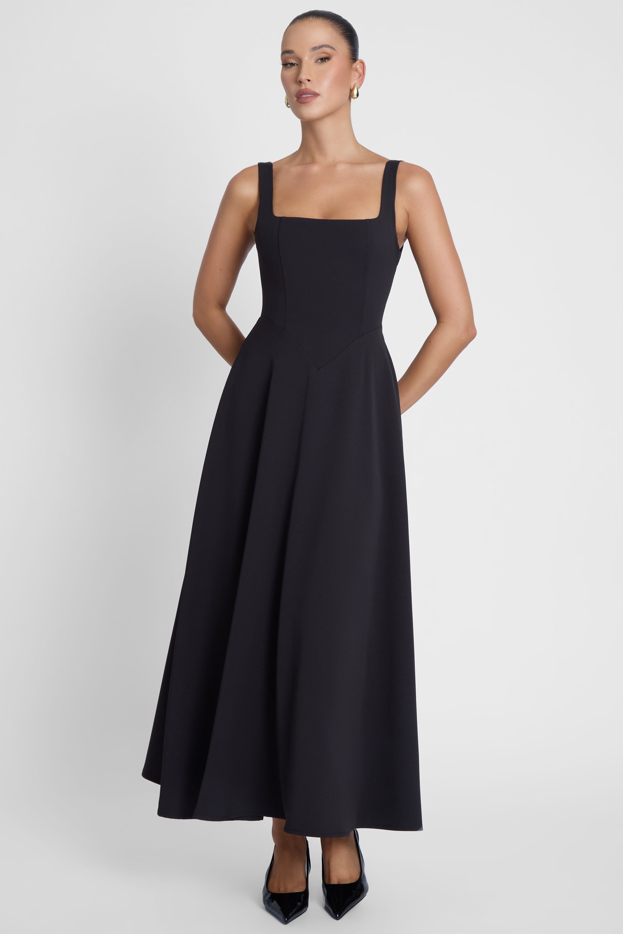 Leau Serenity Square Neck Corset Midi Dress in Black, Women's L at Urban Outfitters Leau Serenity Square Neck Corset Midi Dress in Black, Women's L at Urban Outfitters
