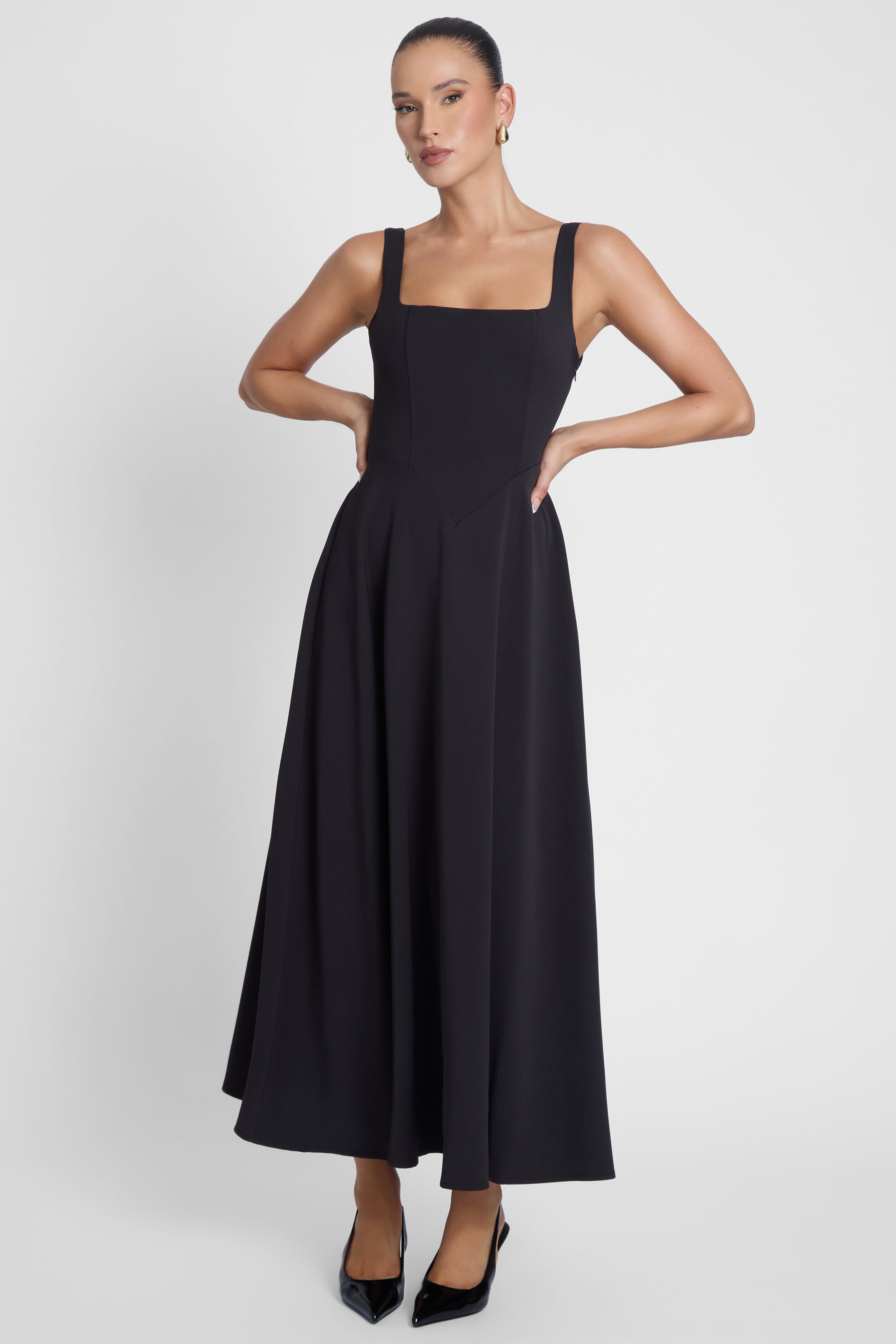 Serenity Square Neck Corset Midi Dress - Black L Serenity Square Neck Corset Midi Dress - Black L