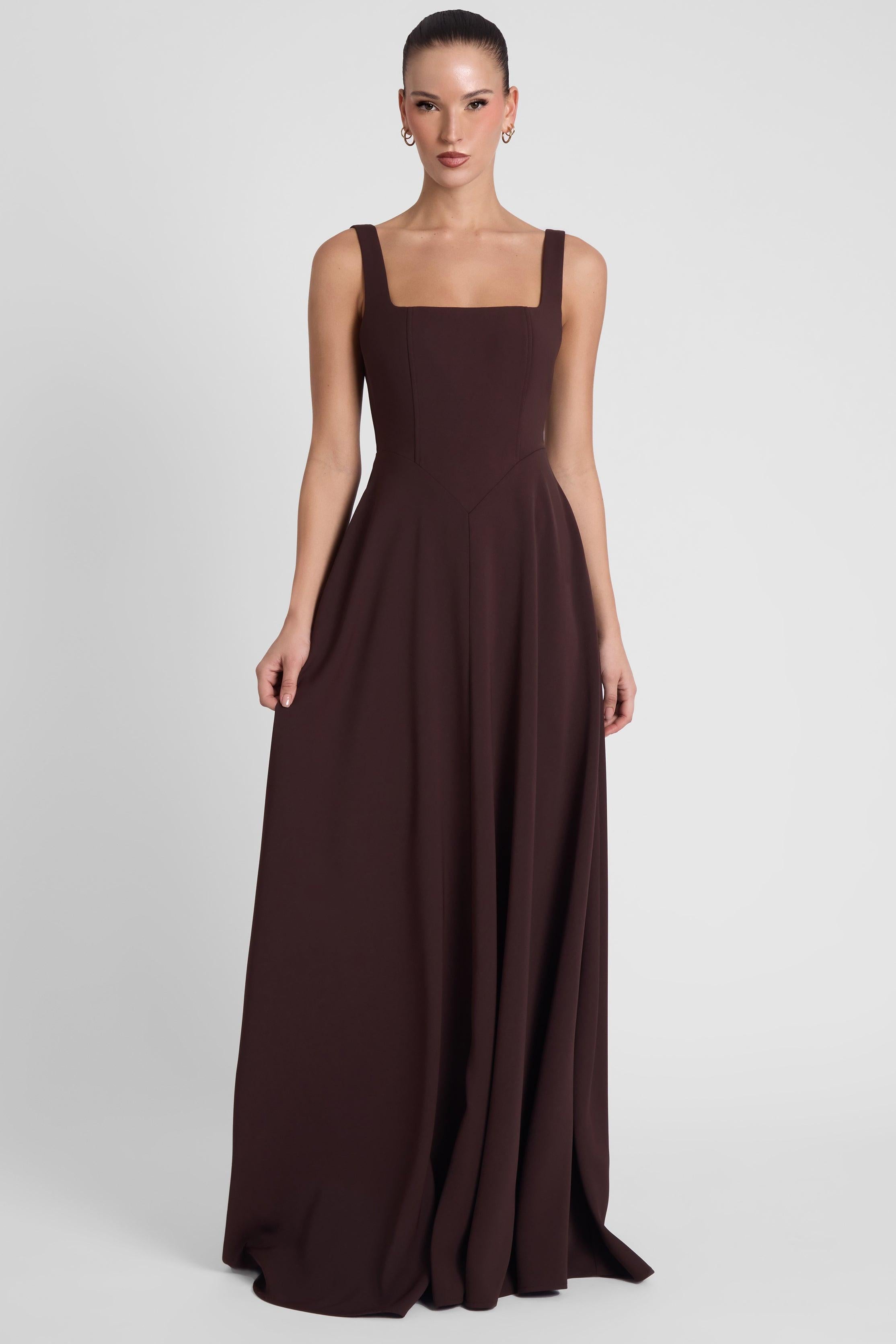 Siren Square Neck Corset Maxi Dress - Chocolate Brown - S Siren Square Neck Corset Maxi Dress - Chocolate Brown - S