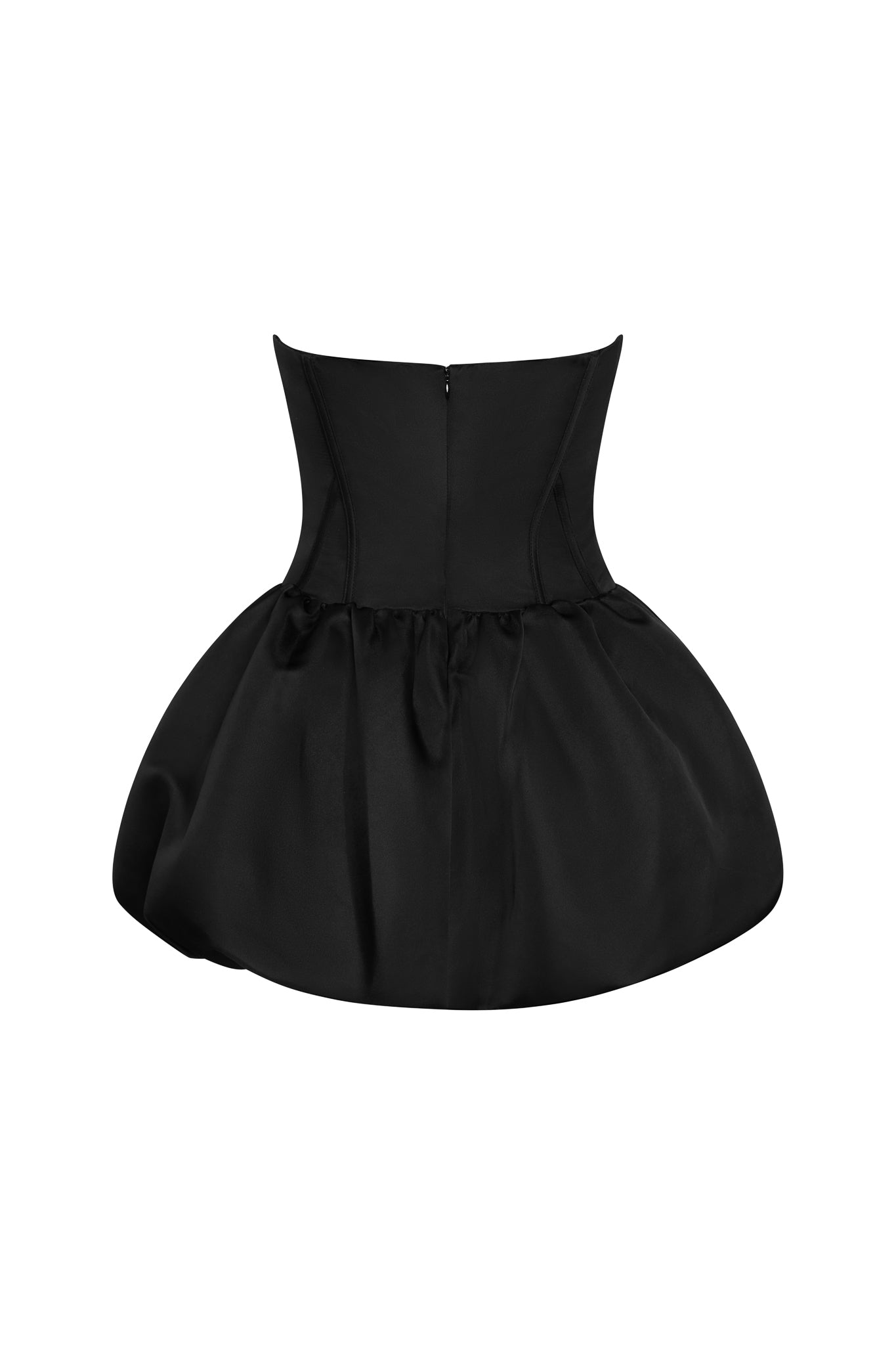 Soir Satin Corset Bubble Mini Dress in Black, back view.