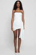 Model wearing Solara Satin Corset Dress in White, front view.