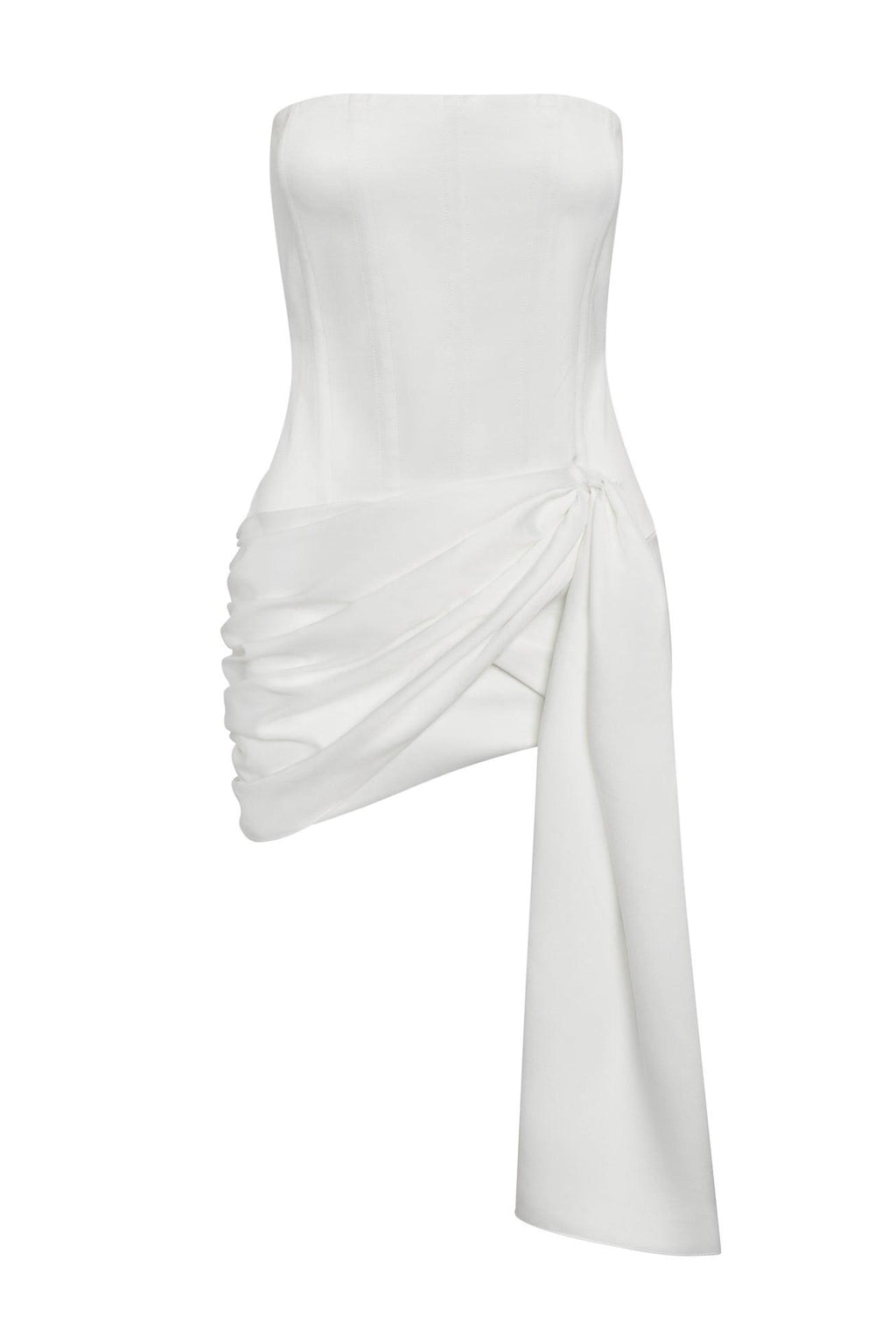 Solara Satin Corset Dress in White, front view.