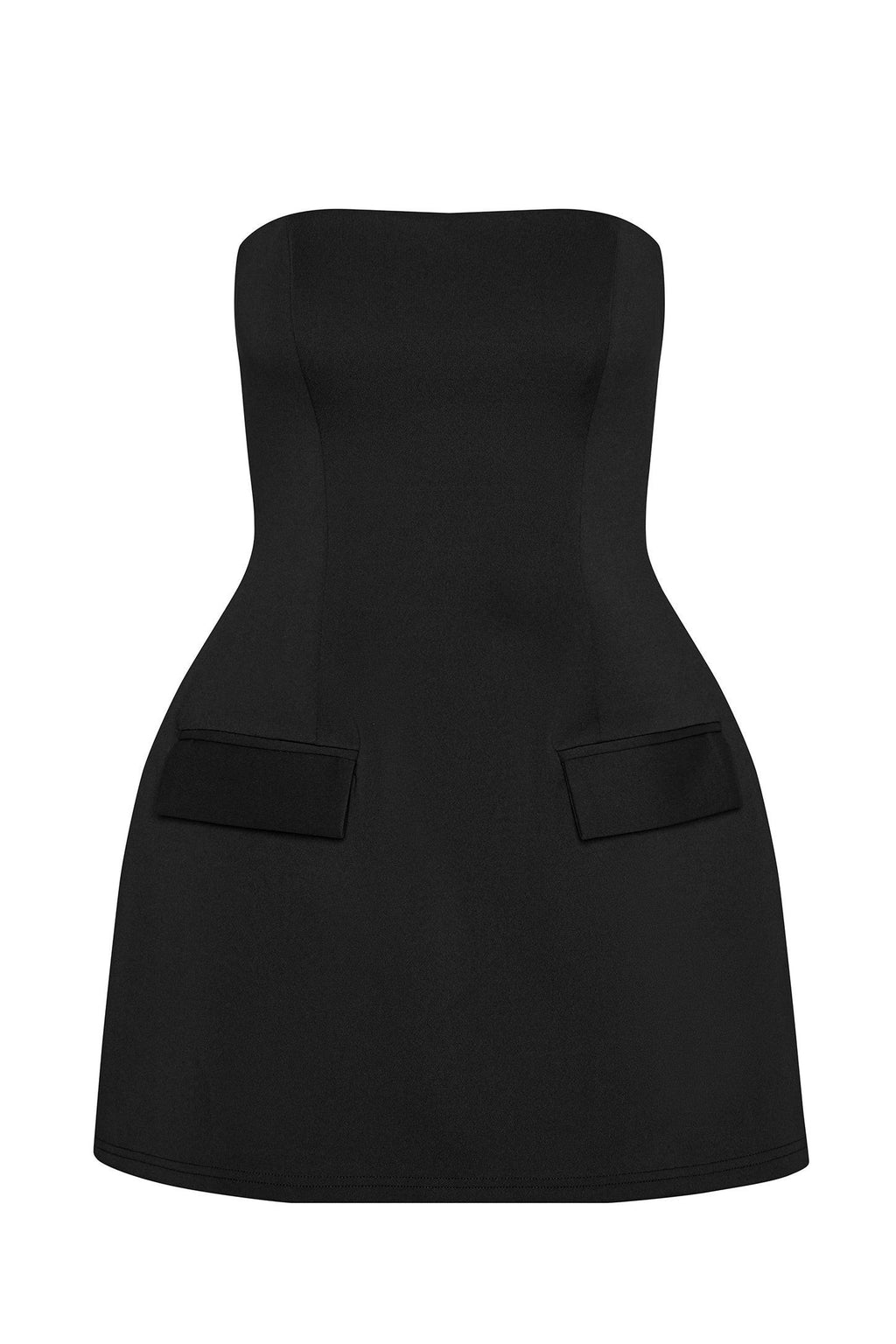 Solene Strapless Pocket Mini Dress in Black, front view.