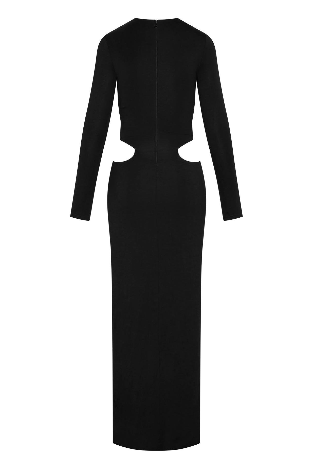 Vacanza Drape Gown in Black, back view.