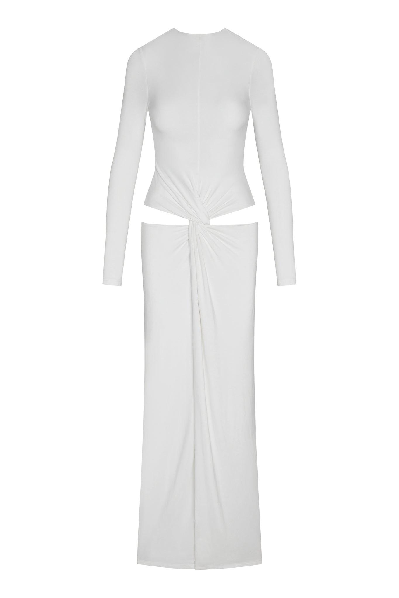 Vacanza Drape Gown in White, front view.