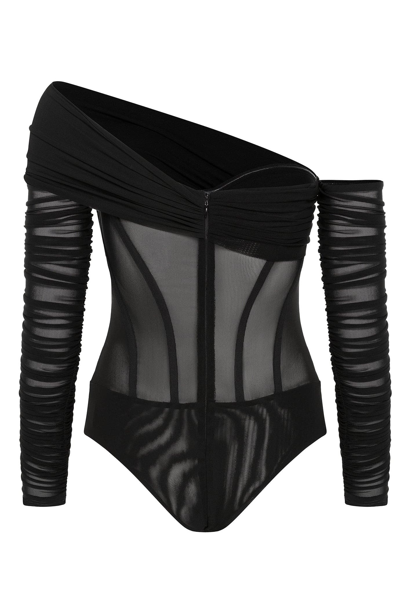 LEAU - Bardot Bustier Corset Mesh Bodysuit in Black.